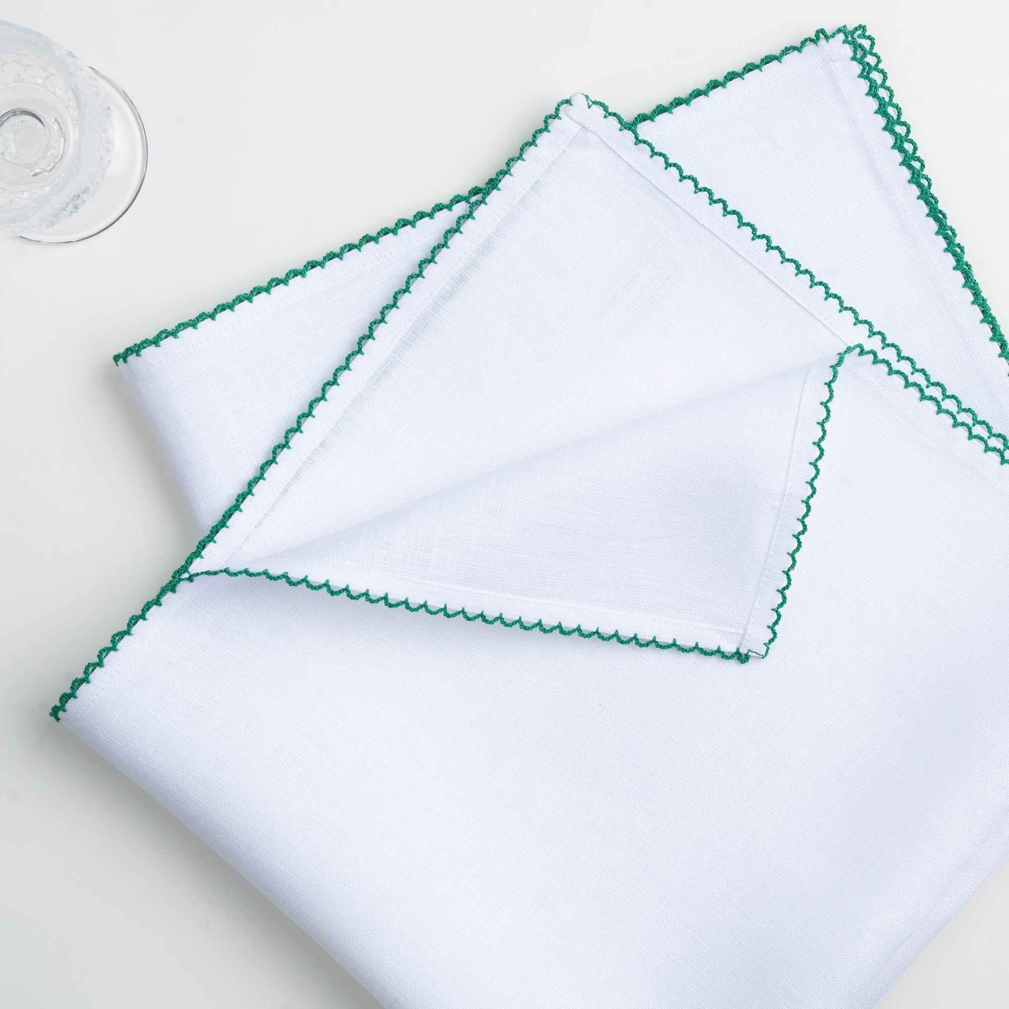 White and Green Linen Napkins, Whipstitch, 20 x 20 inch, 4 pcs