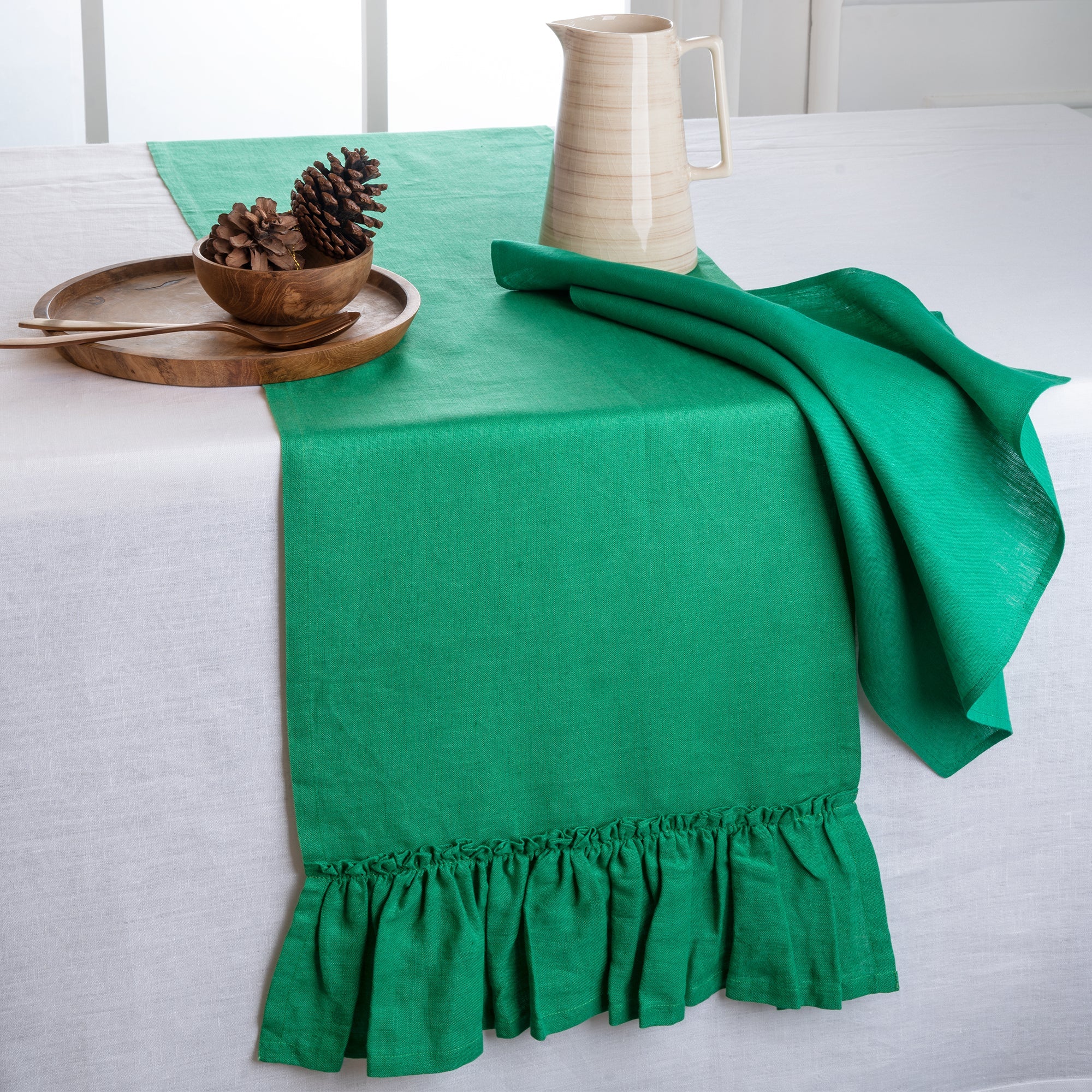 Kelly Green Linen Table Runner, Ruffle