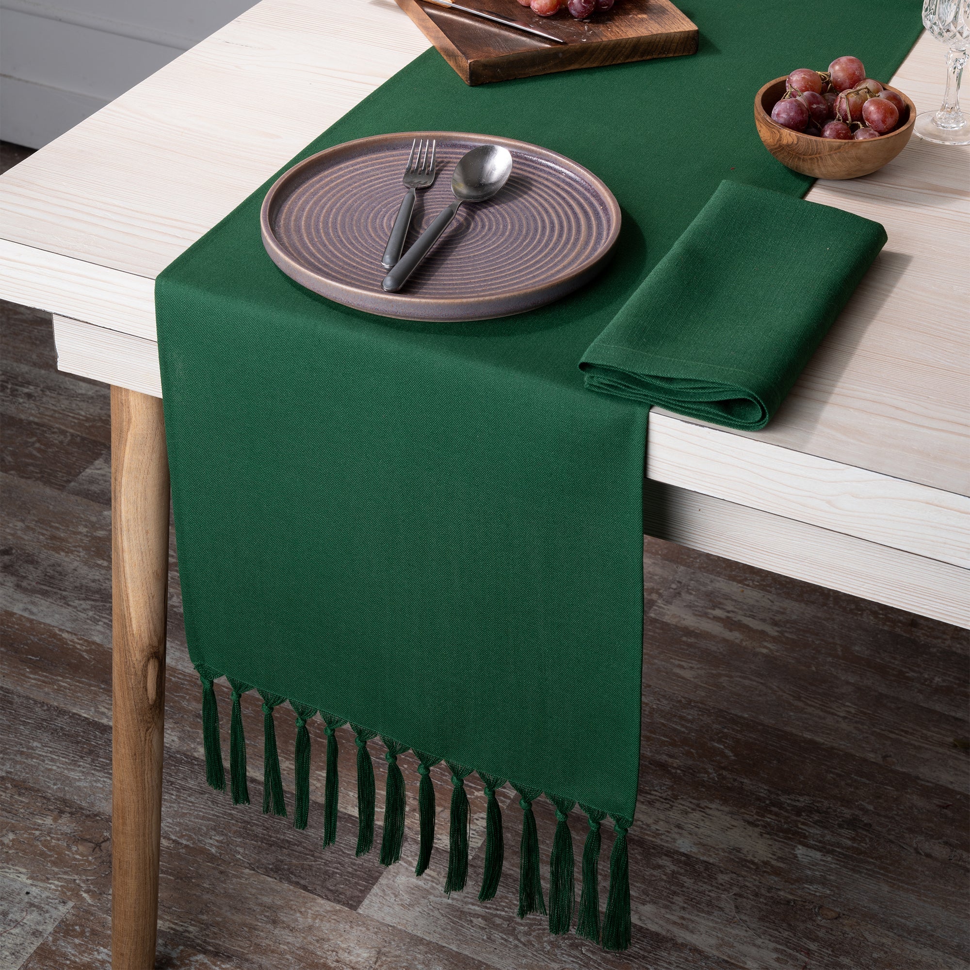 Eden Green Table Runner, Faux Linen, Tassel