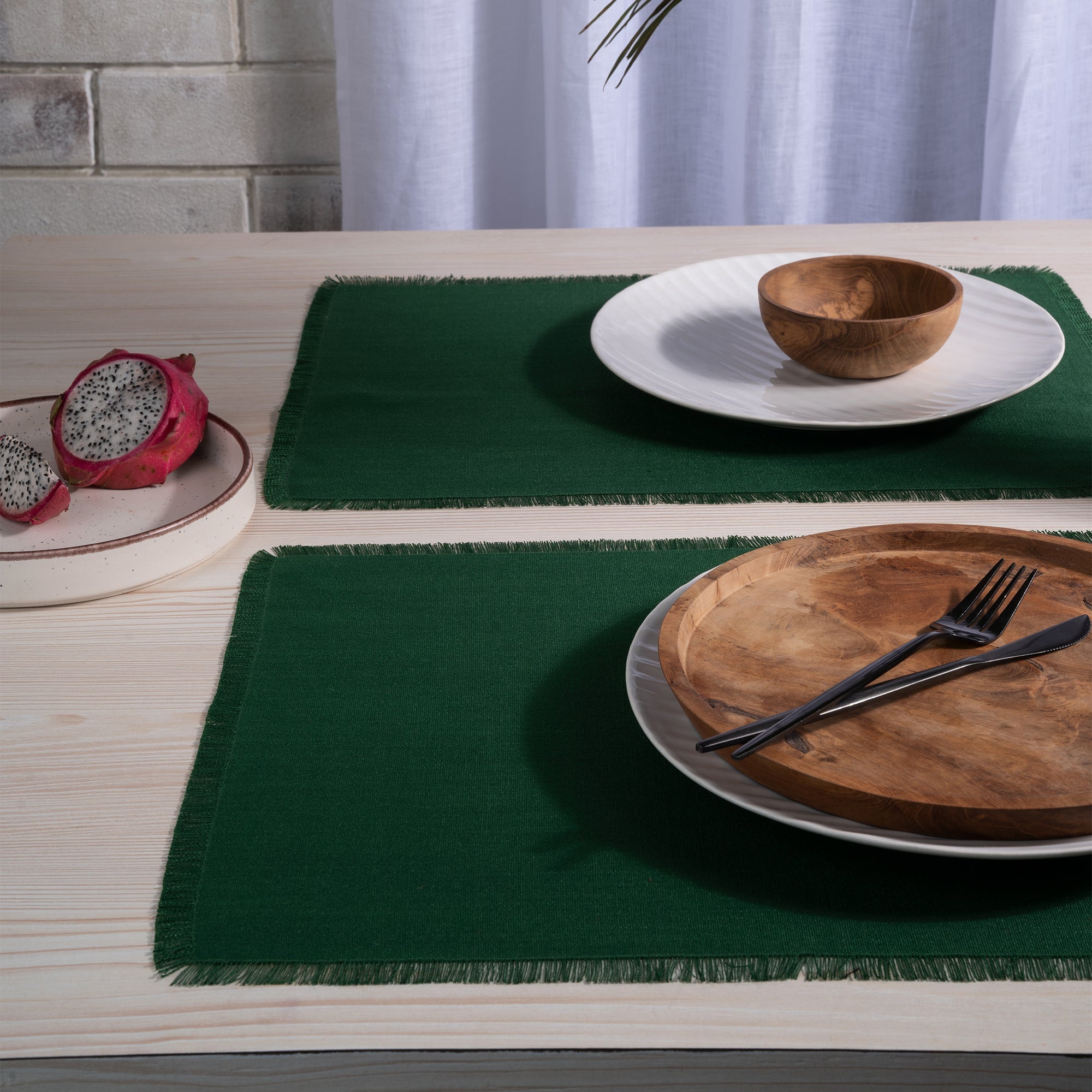 Eden Green Faux Linen Placemats, Fringe, 14 x 19 inch, 4 pcs