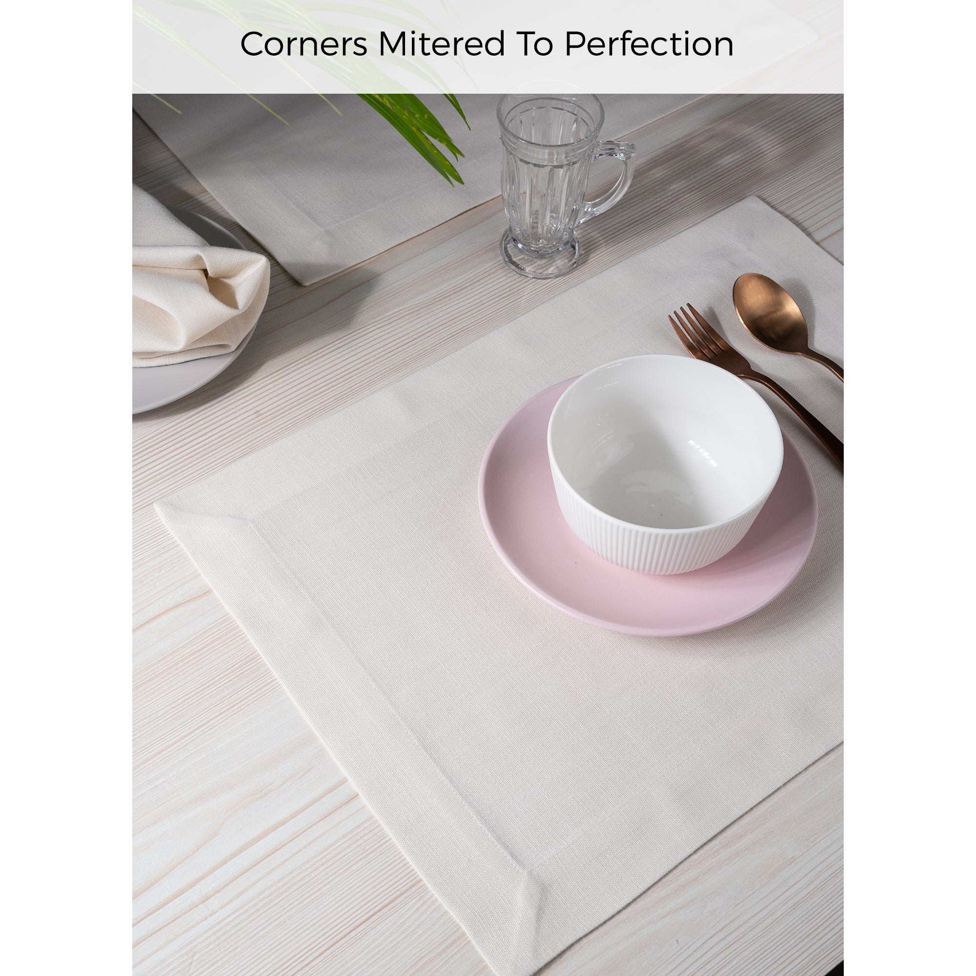 Ivory Faux Linen Placemats, Mitered Corner, 14 x 19 inch, 4 pcs