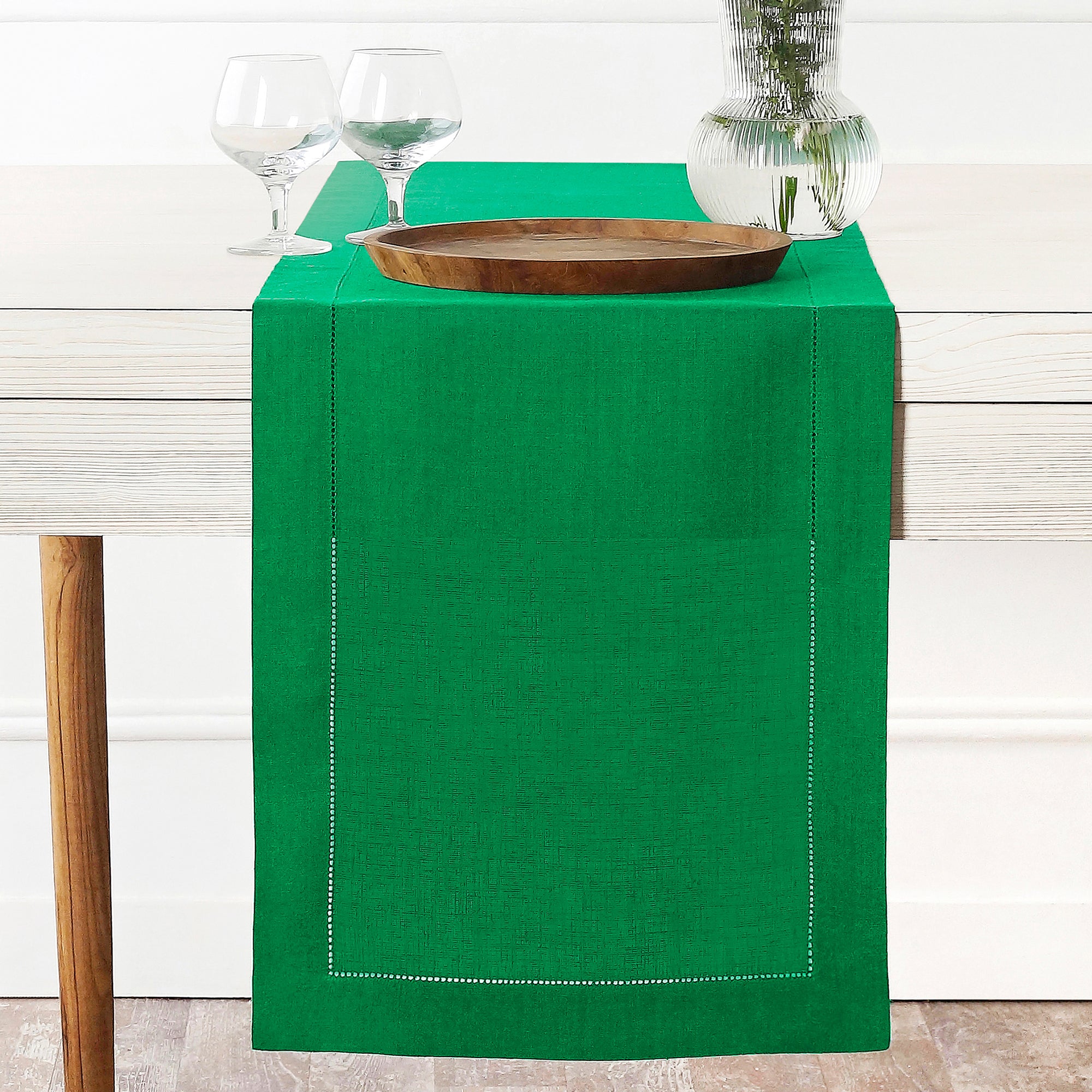 Kelly Green Linen Table Runner, Hemstitch