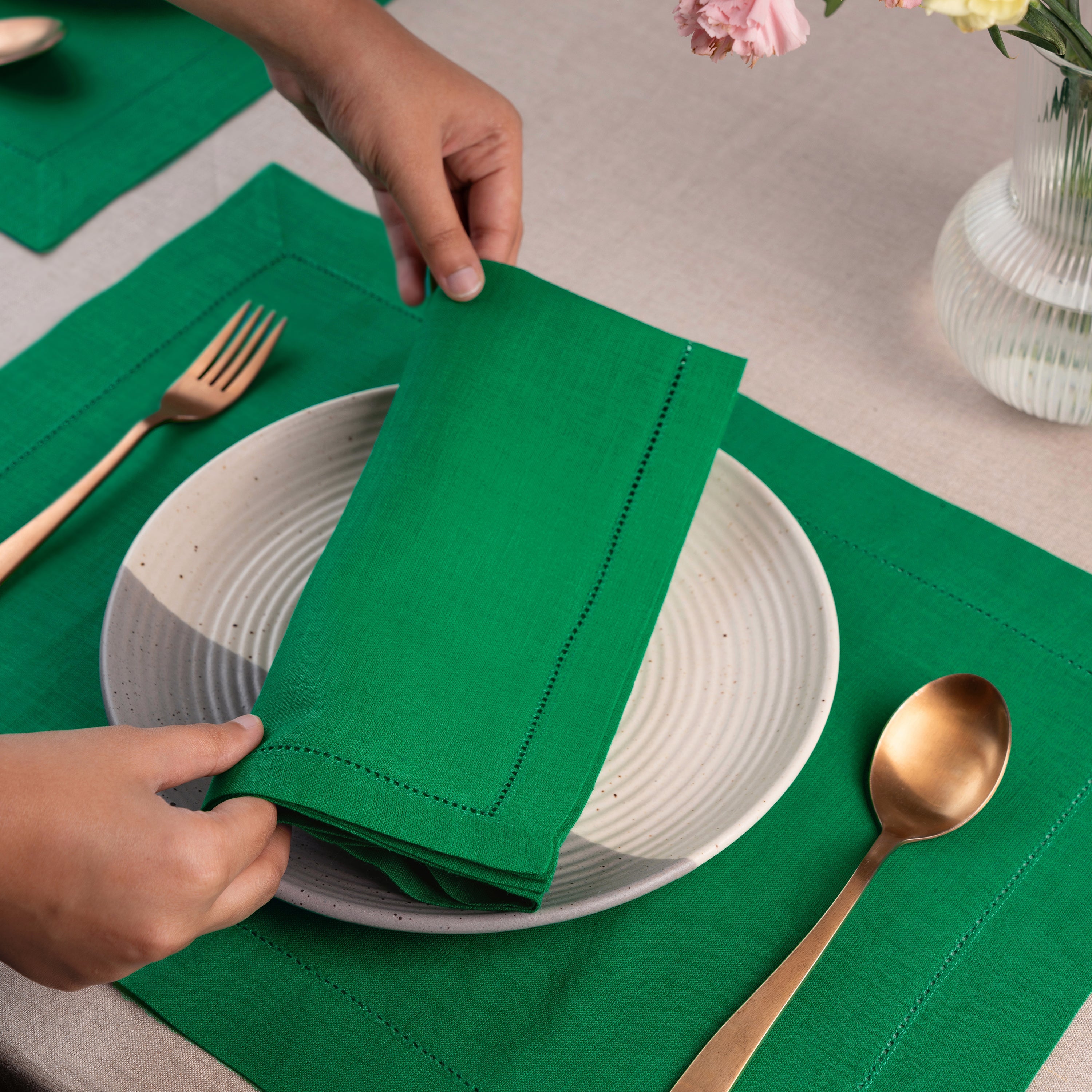 Kelly Green Linen Napkins, Hemstitch, 20 x 20 inch, 4 pcs