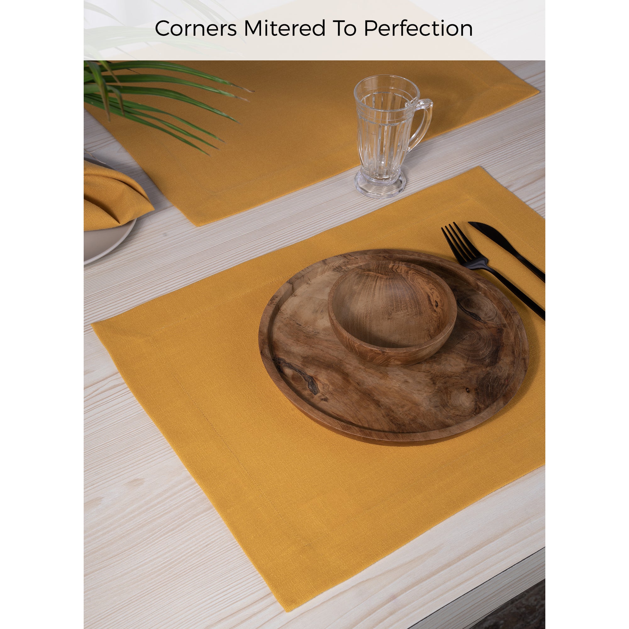 Mustard Faux Linen Placemats, Mitered Corner, 14 x 19 inch, 4 pcs