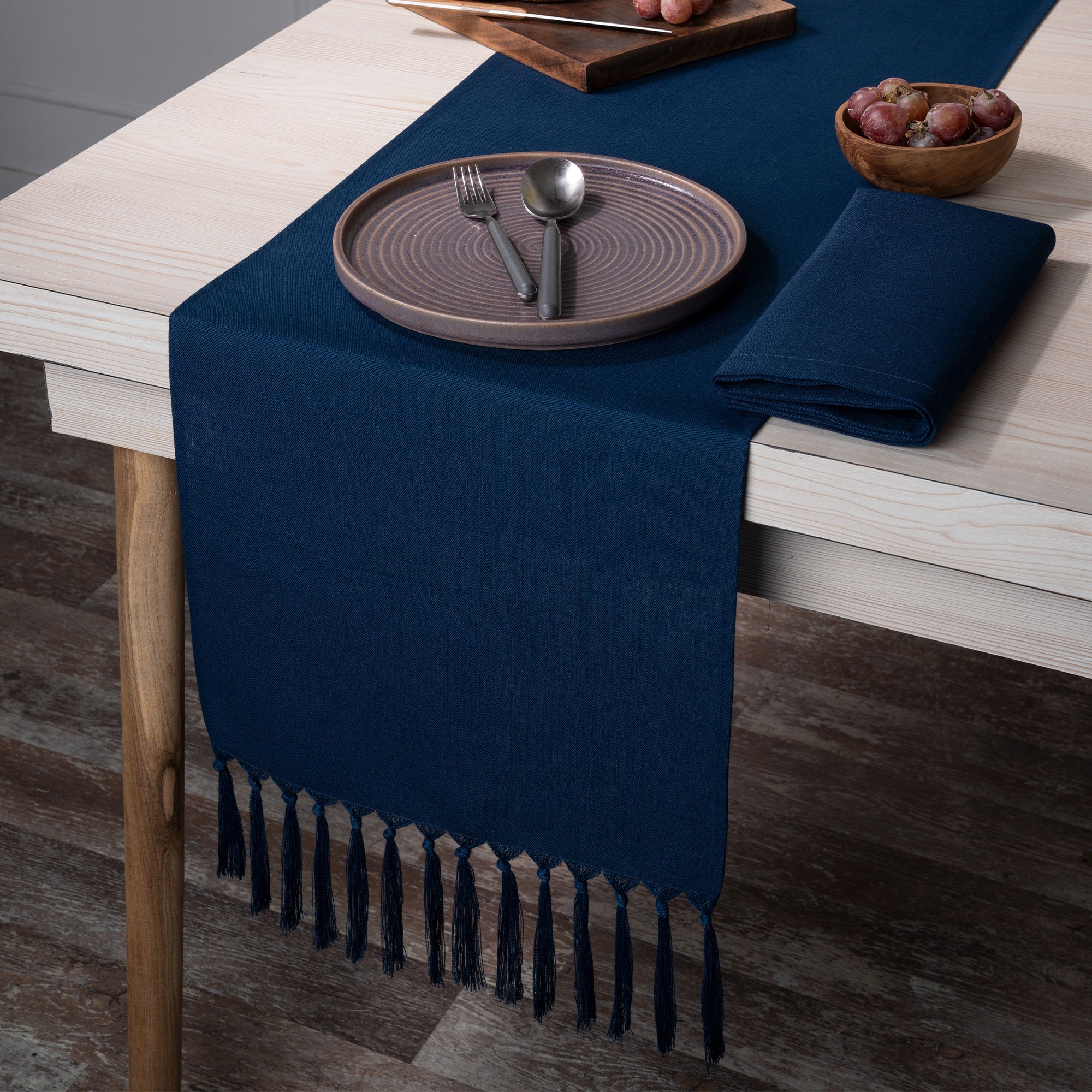 Navy Blue Faux Linen Table Runner - Tassel