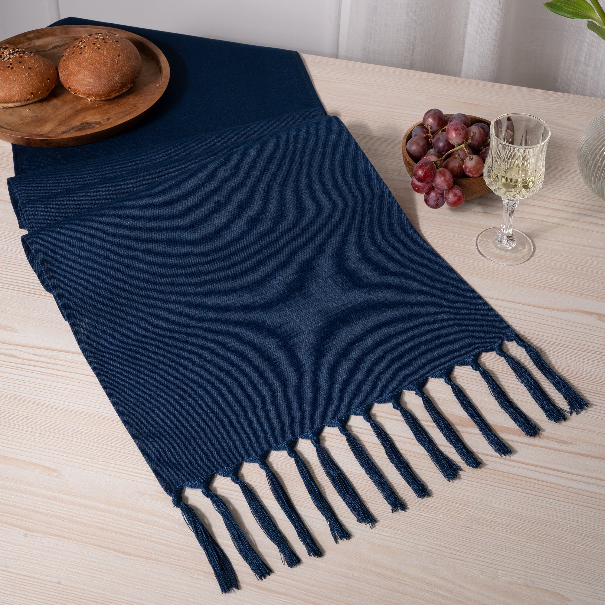 Navy Blue Faux Linen Table Runner - Tassel