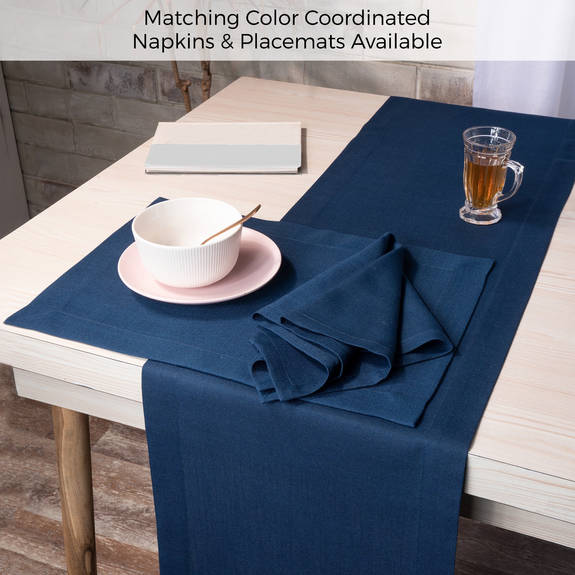 Navy Blue Table Runner, Faux Linen, Mitered Corner