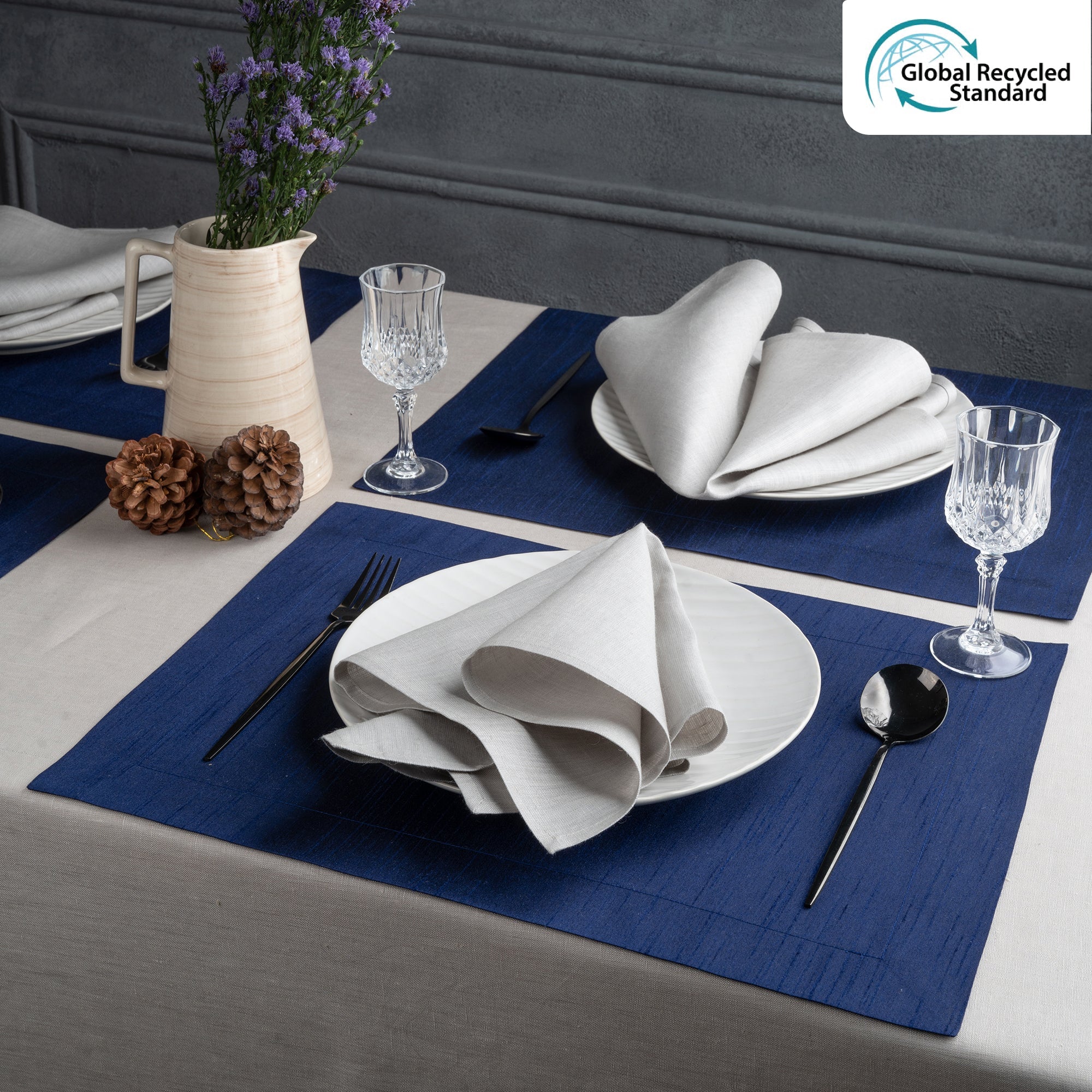 Navy Blue Vegan Silk Placemats, Mitered Corner, 14 x 19 inch, 4 pcs