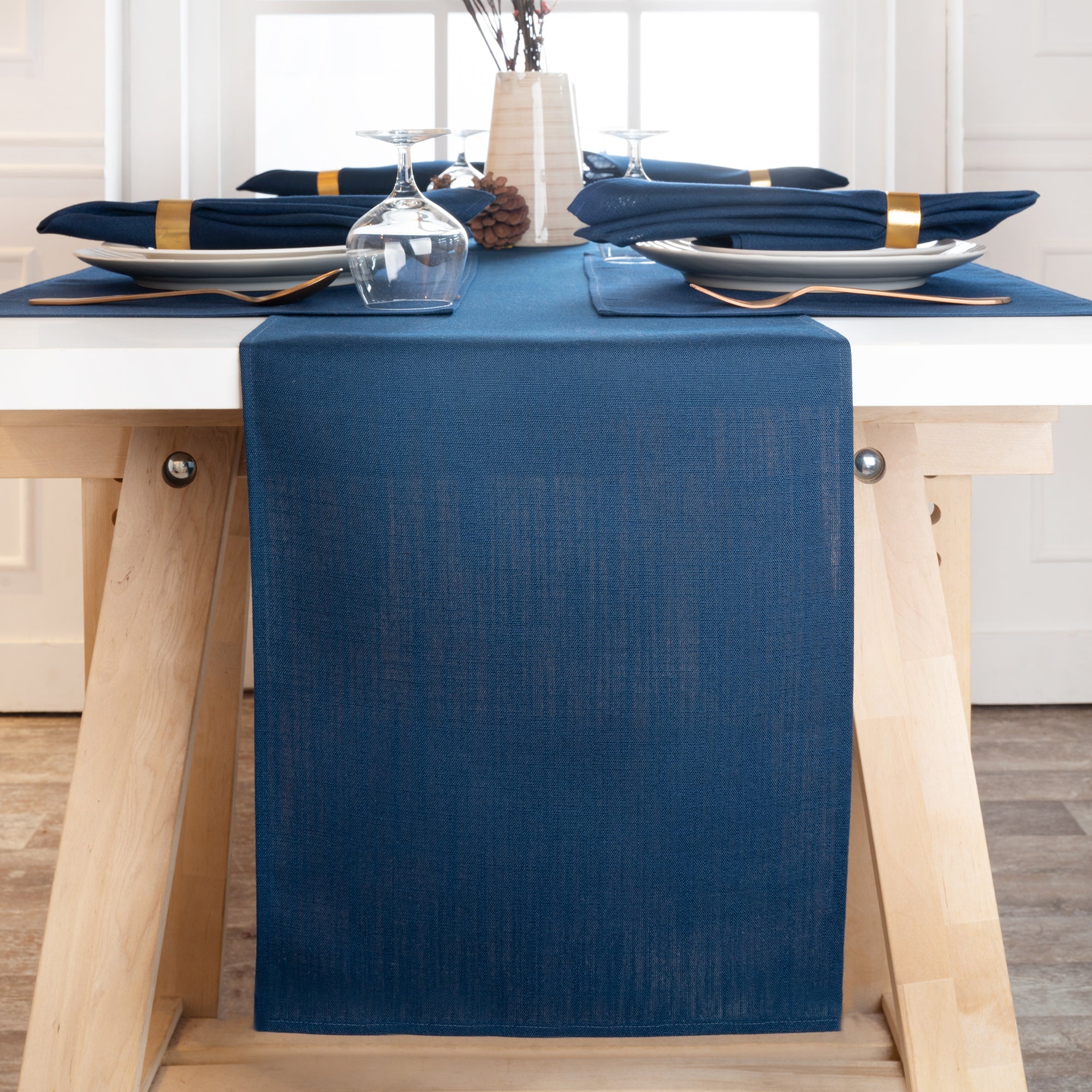 Navy Blue Table Runner, Faux Linen, Plain