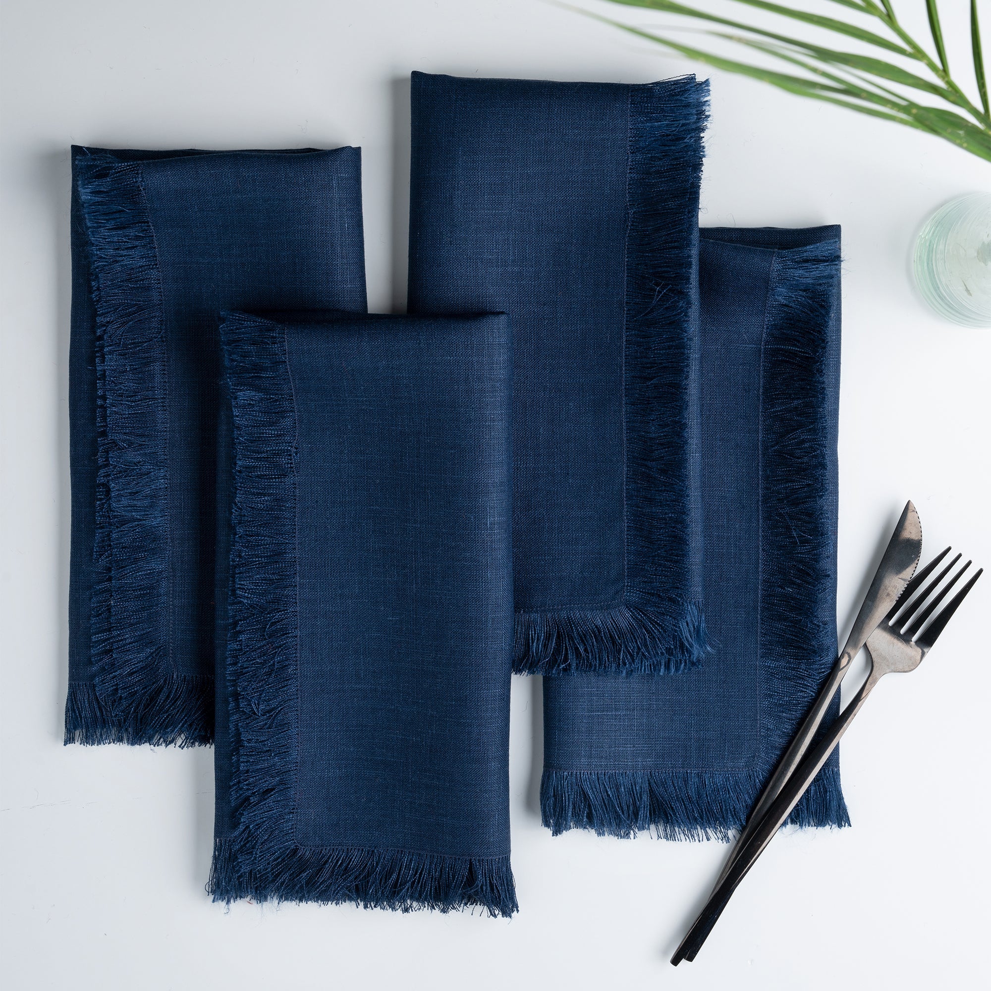 Navy Blue Linen Napkins, Fringe, 20 x 20 inch, 4 pcs