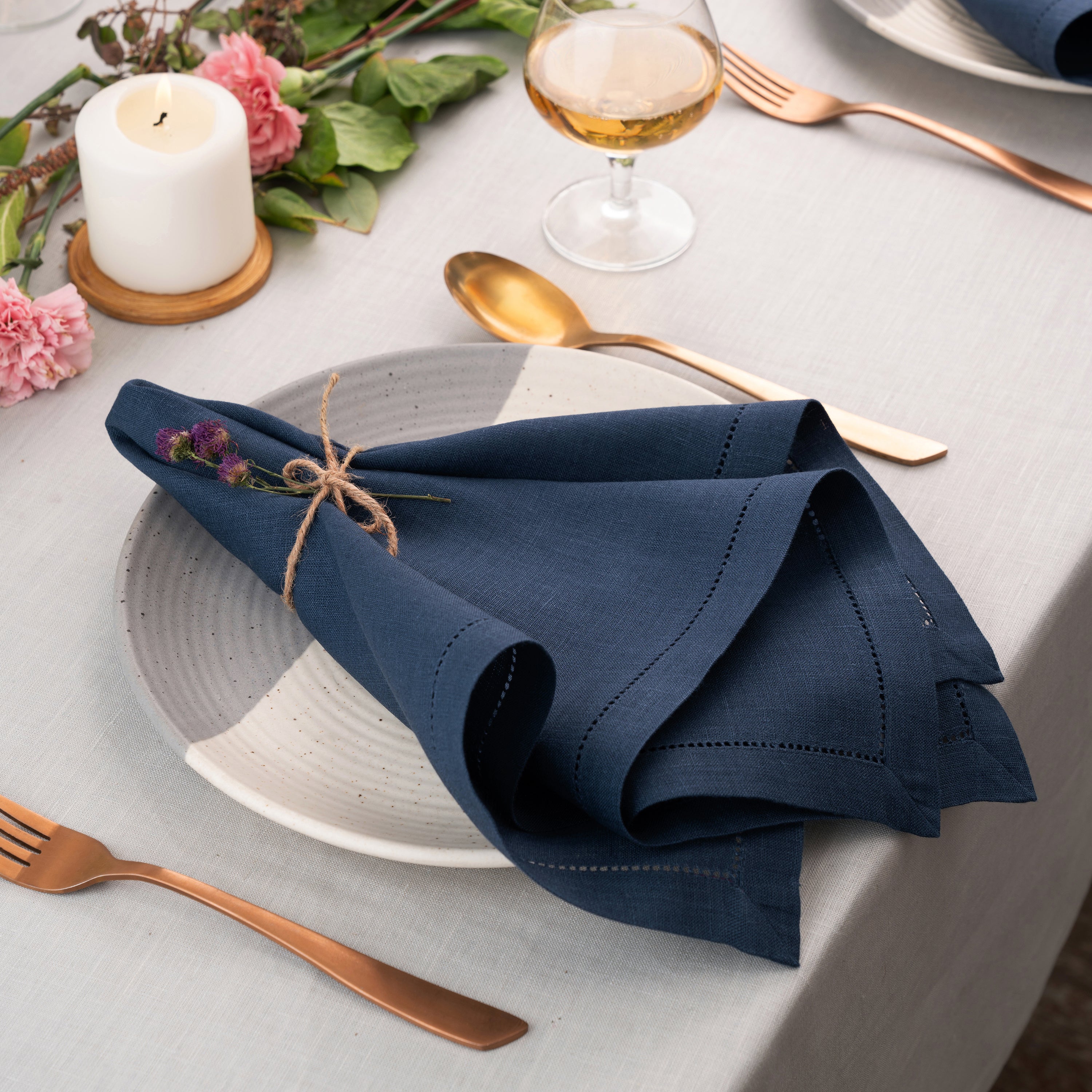 Navy Blue Linen Napkins, Hemstitch, 20 x 20 inch, 6 pcs