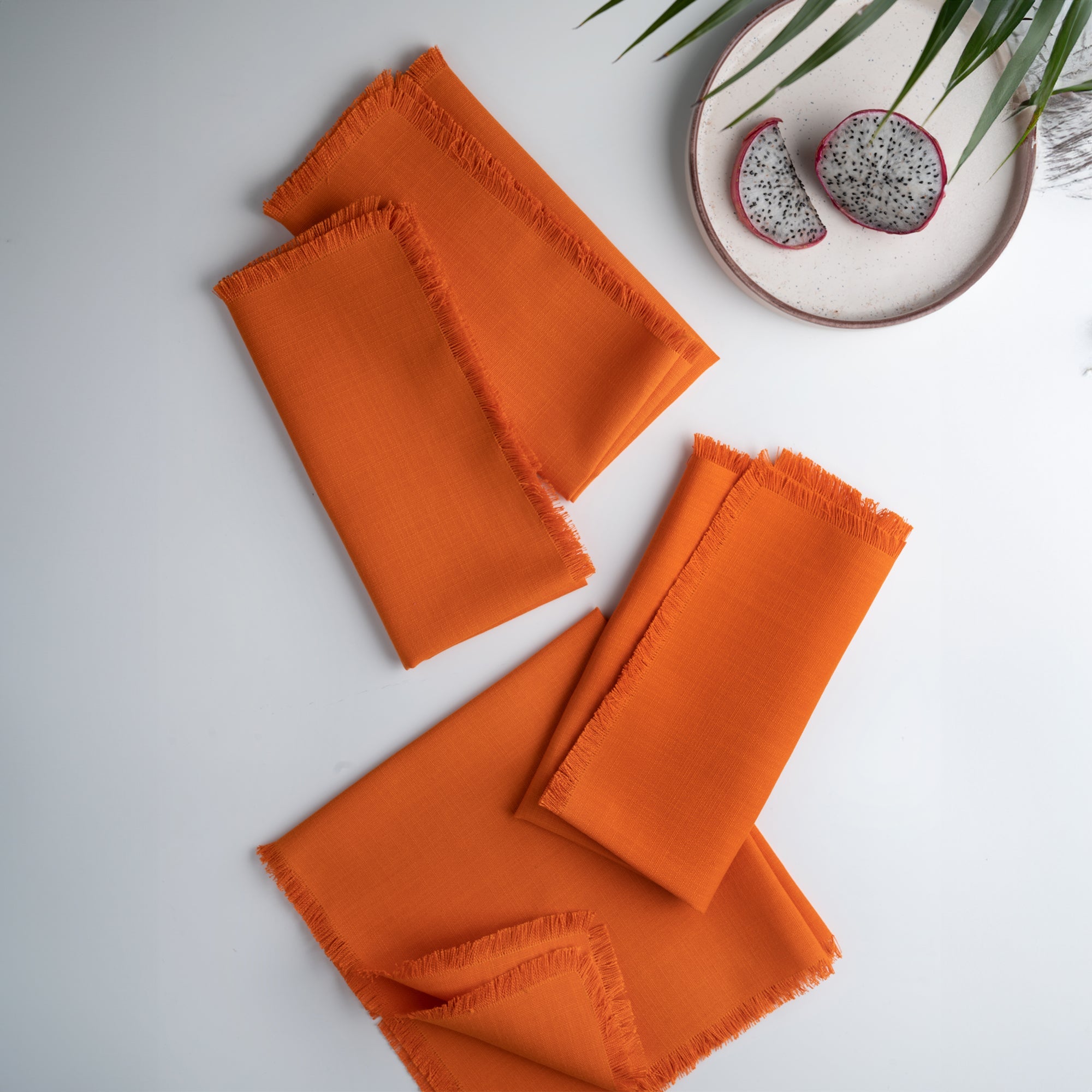 Orange Faux Linen Napkins, Fringe, 20 x 20 inch, 4 pcs