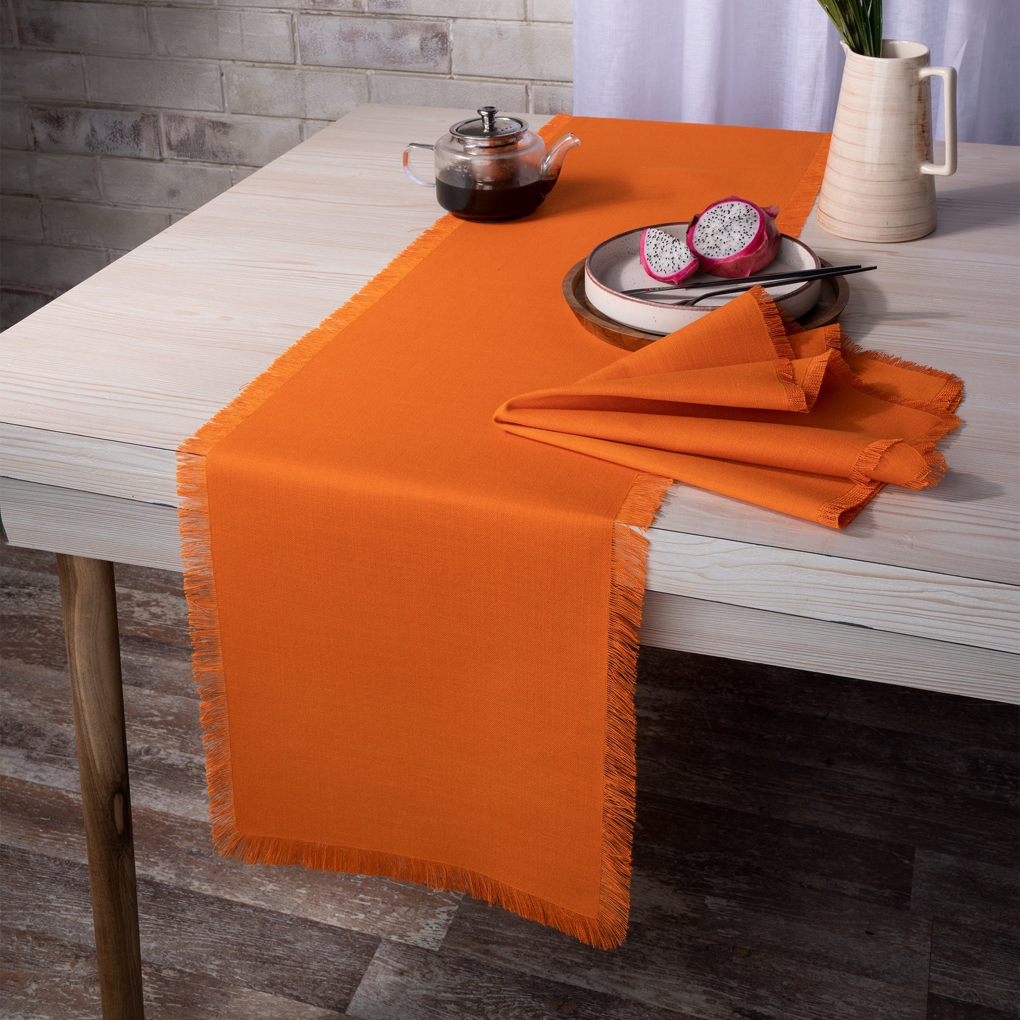 Orange Table Runner, Faux Linen, Fringe