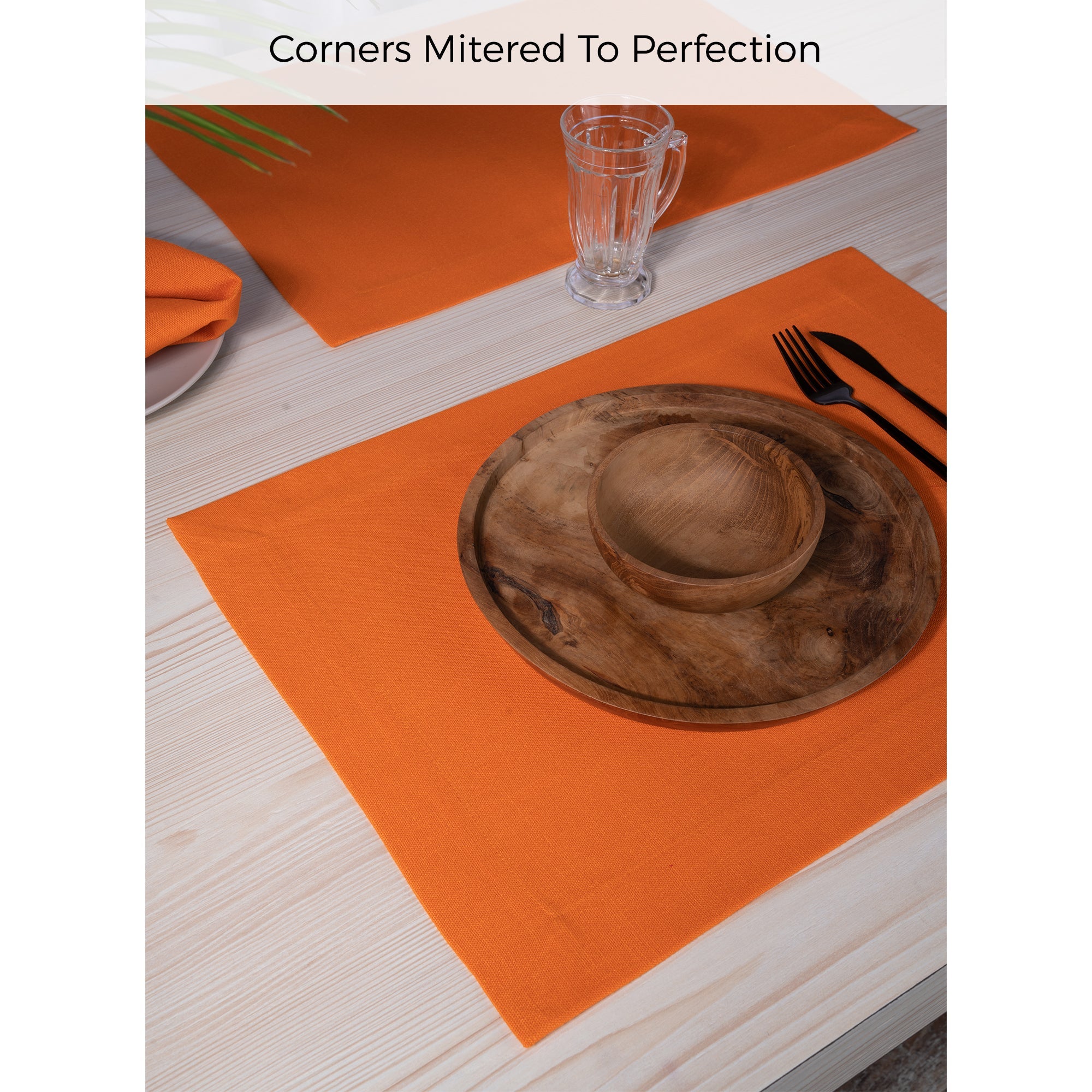 Orange Faux Linen Placemats, Mitered Corner, 14 x 19 inch, 4 pcs