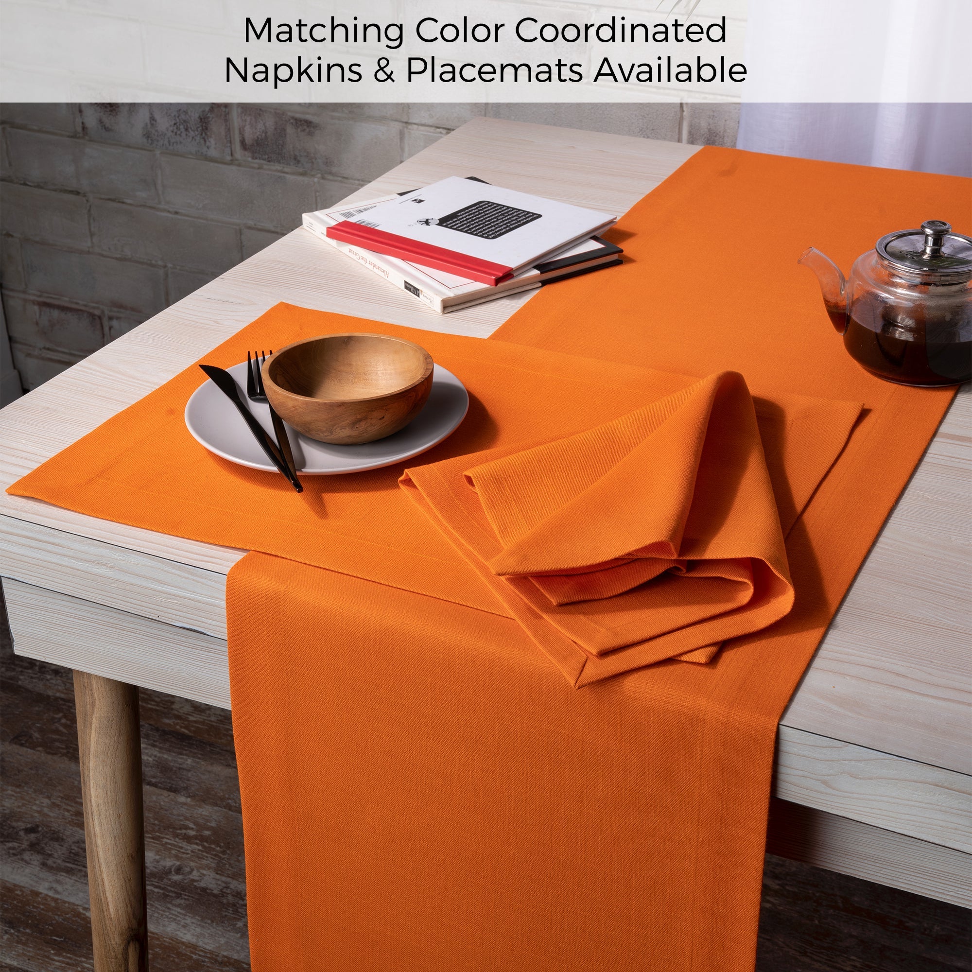 Orange Table Runner, Faux Linen, Mitered Corner