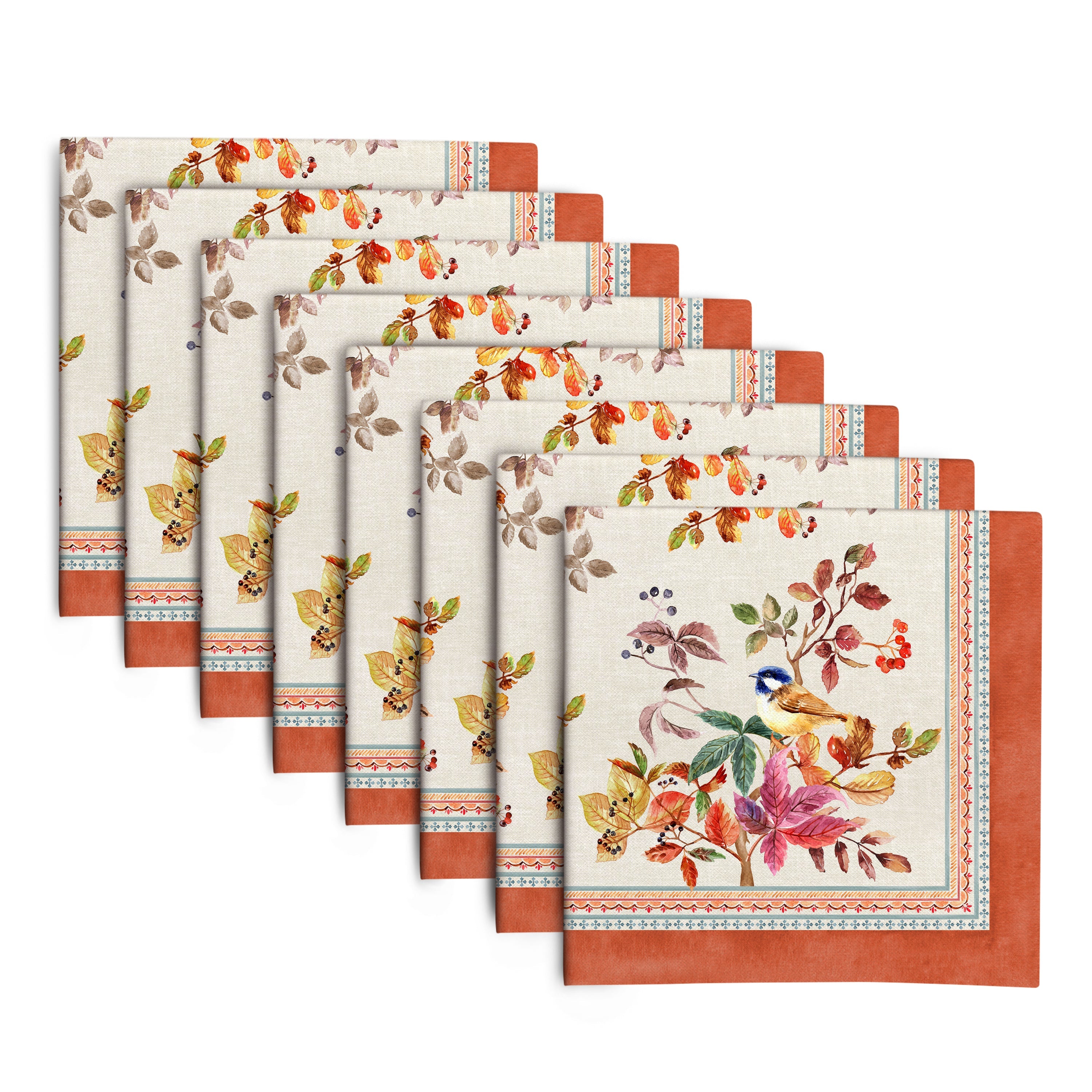 Autumn Songbirds Dinner Napkins - Cloth Napkins for Autumn Gatherings - 20 x 20 inch, 8 pcs