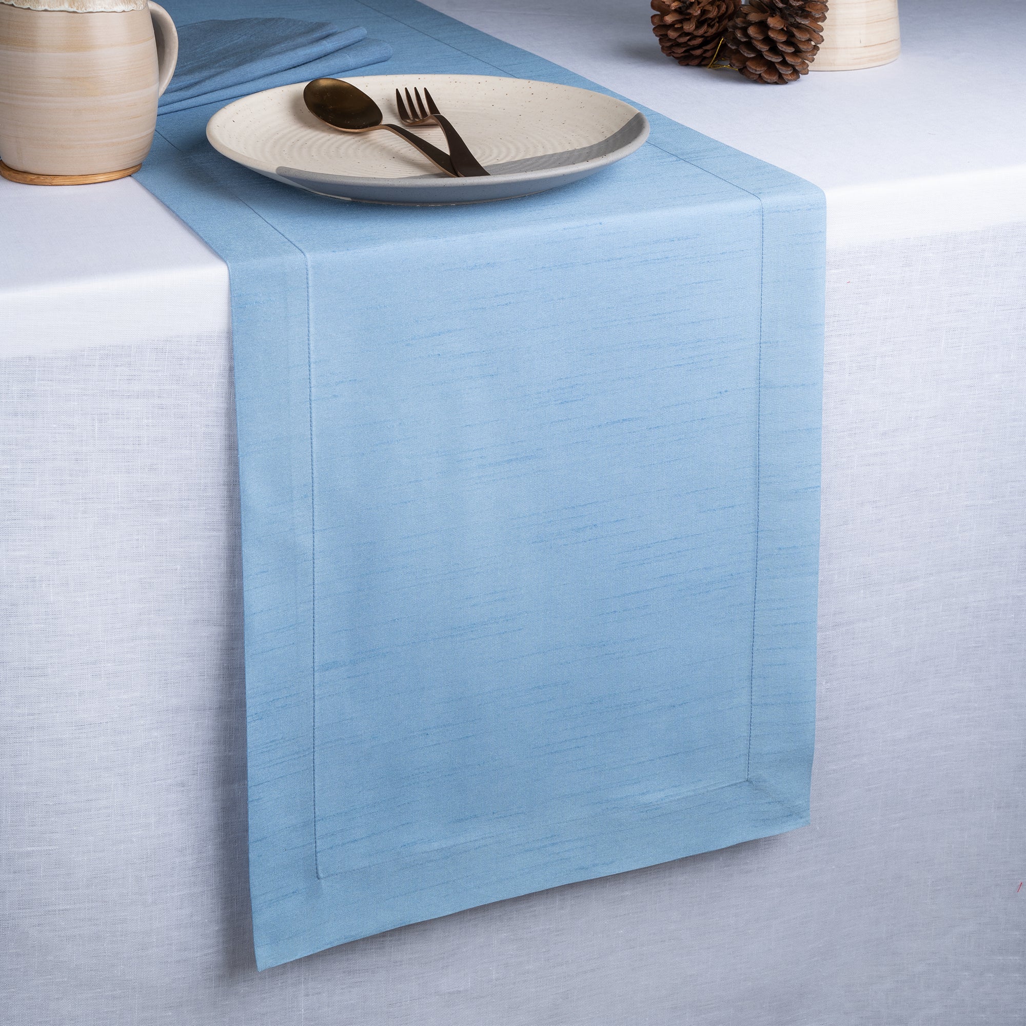 Blue Table Runner, Vegan Silk, Mitered Corner