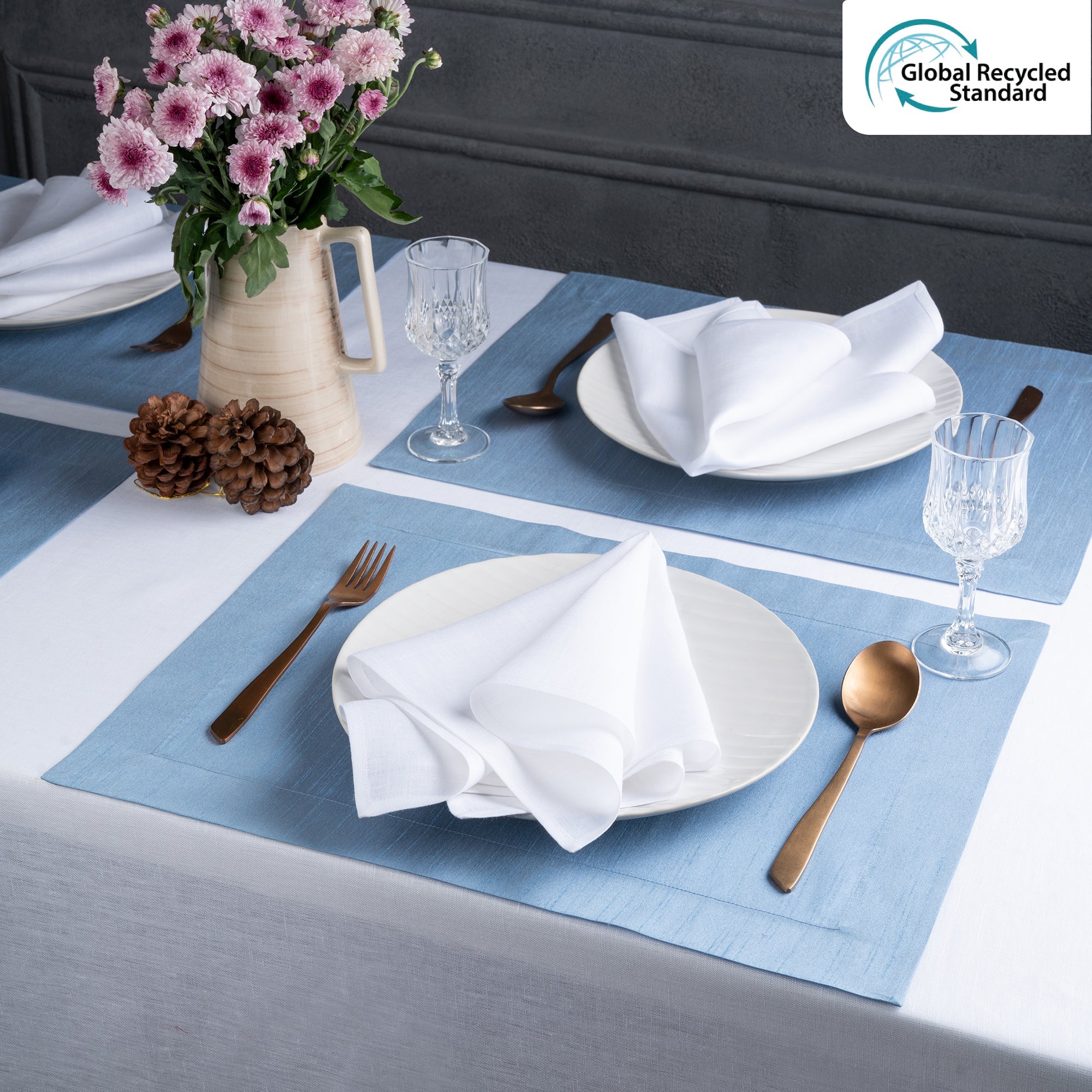 Blue Vegan Silk Placemats, Mitered Corner, 14 x 19 inch, 4 pcs