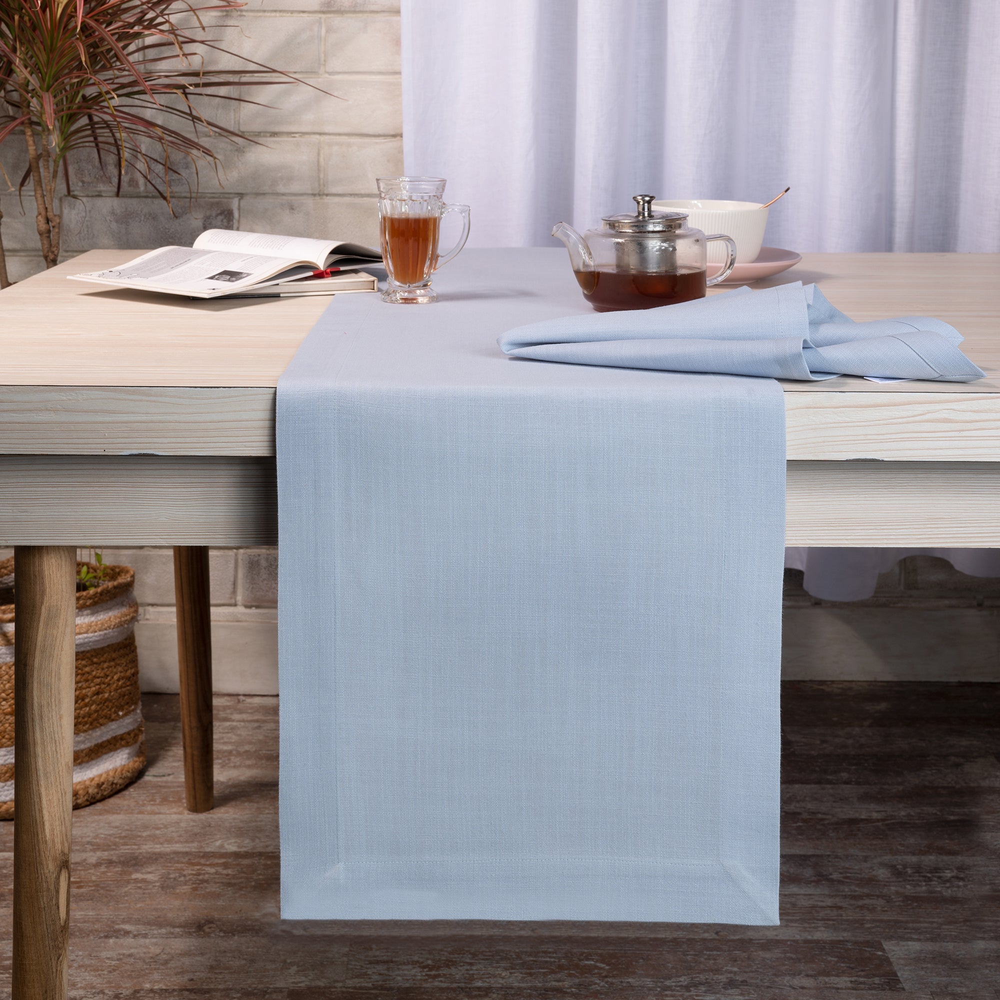 Light Blue Table Runner, Faux Linen, Mitered Corner