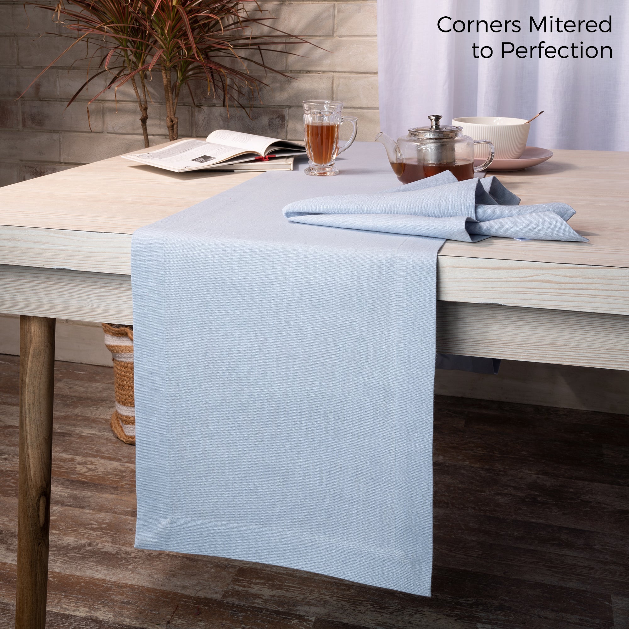 Light Blue Table Runner, Faux Linen, Mitered Corner