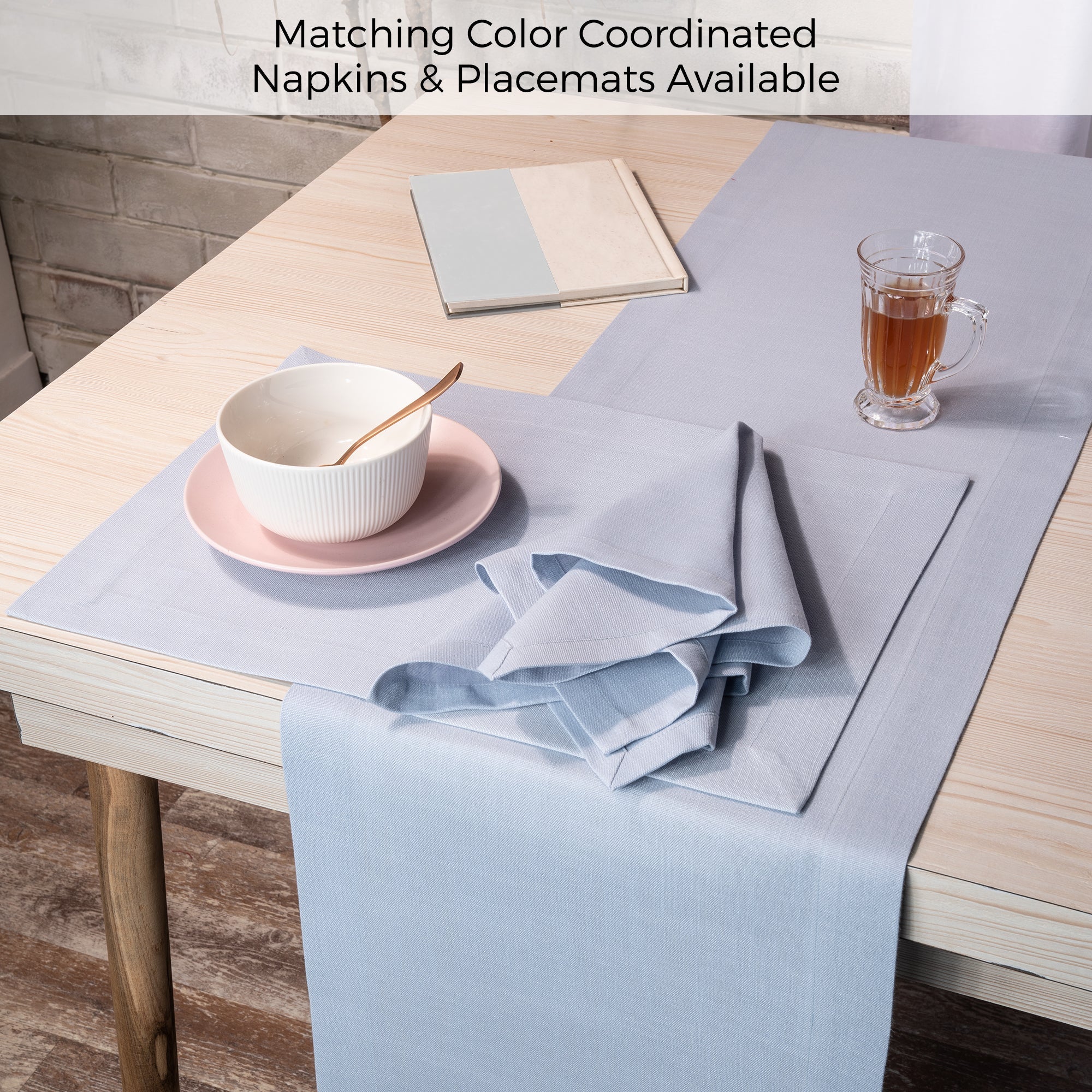 Light Blue Table Runner, Faux Linen, Mitered Corner