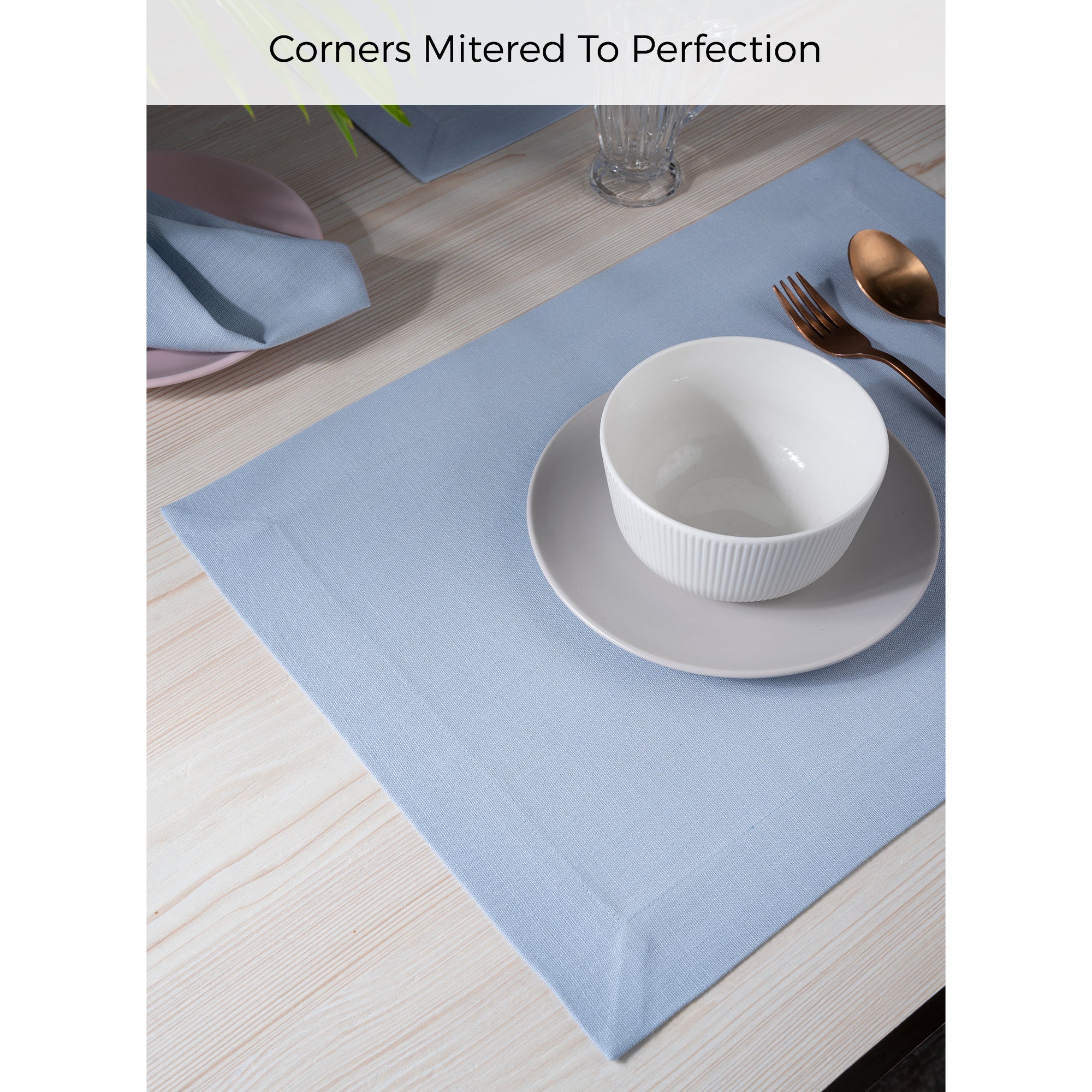 Light Blue Faux Linen Placemats, Mitered Corner, 14 x 19 inch, 4 pcs