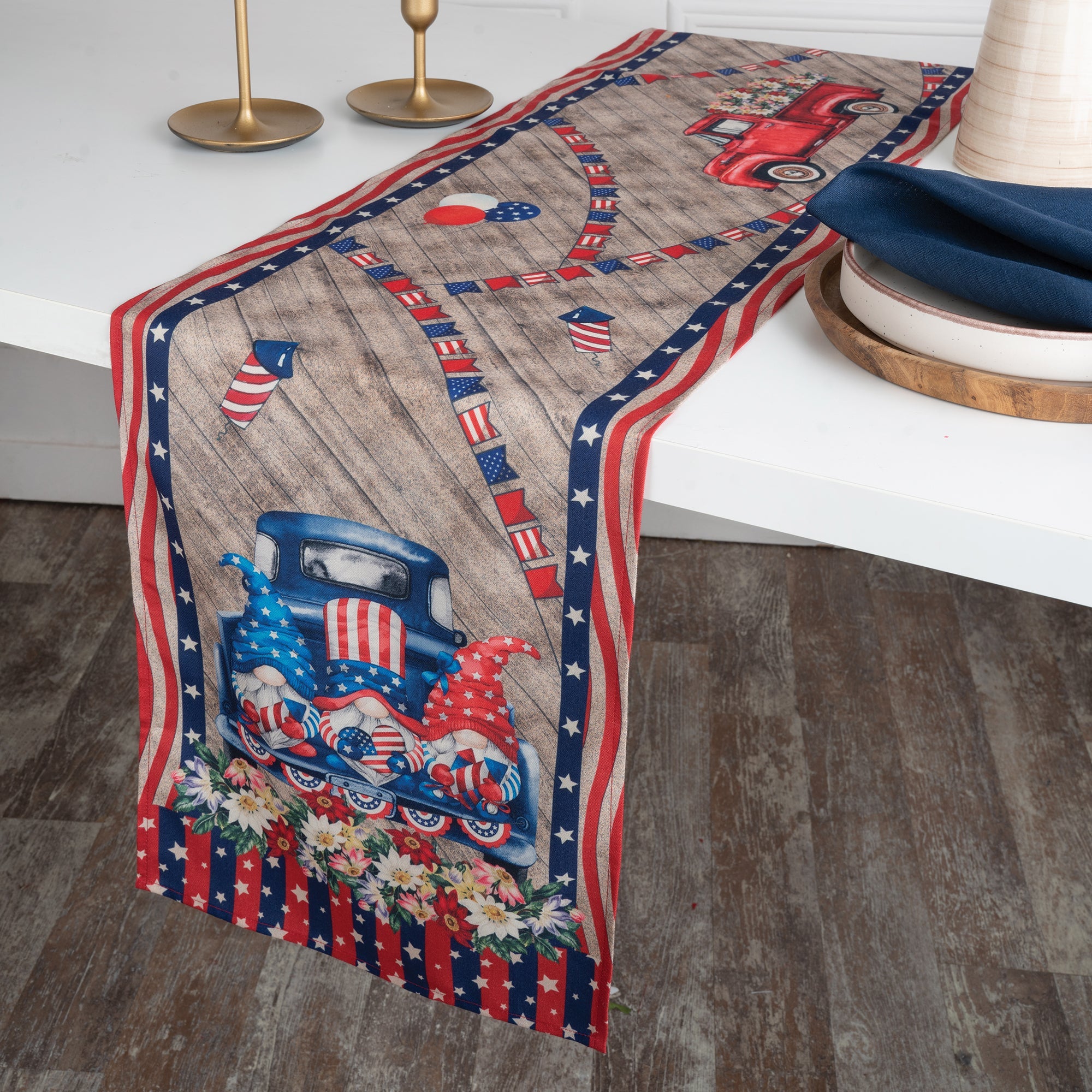 Farmtruck Gnomes 4th July Print Table Runner