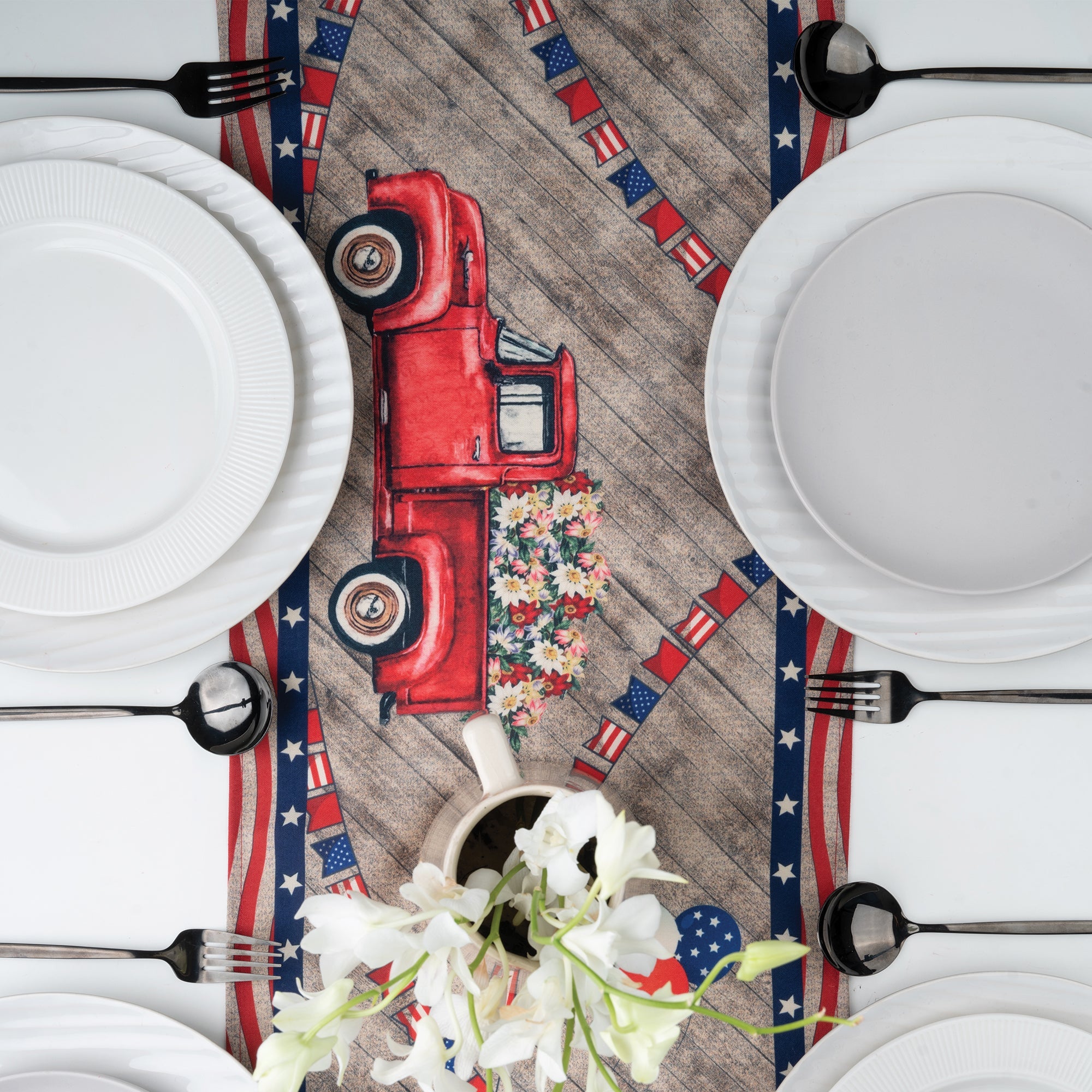 Farmtruck Gnomes 4th July Print Table Runner