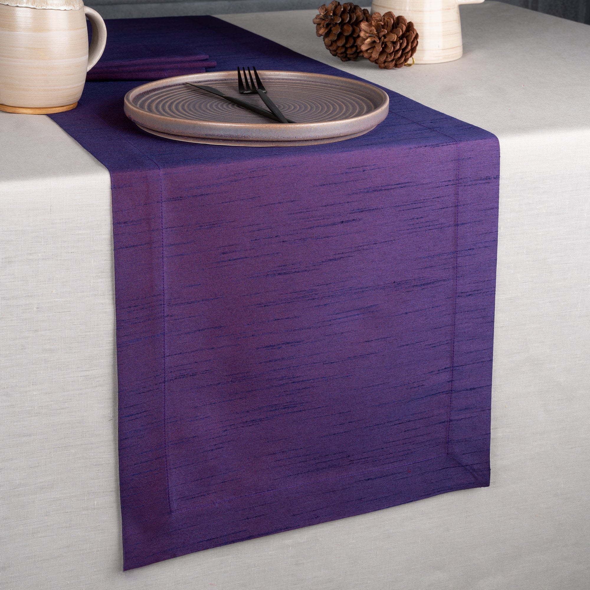 Purple Table Runner, Vegan Silk, Mitered Corner