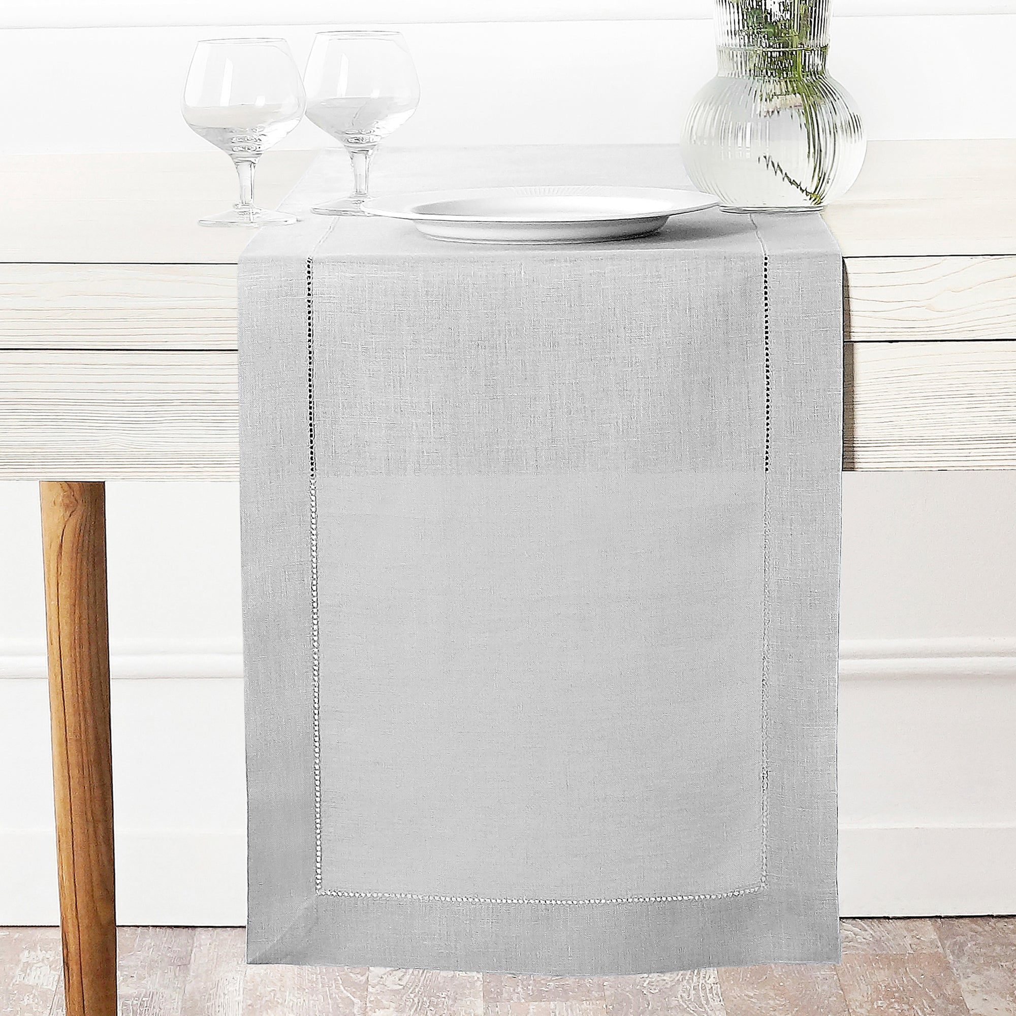 Silver Grey Linen Table Runner, Hemstitch