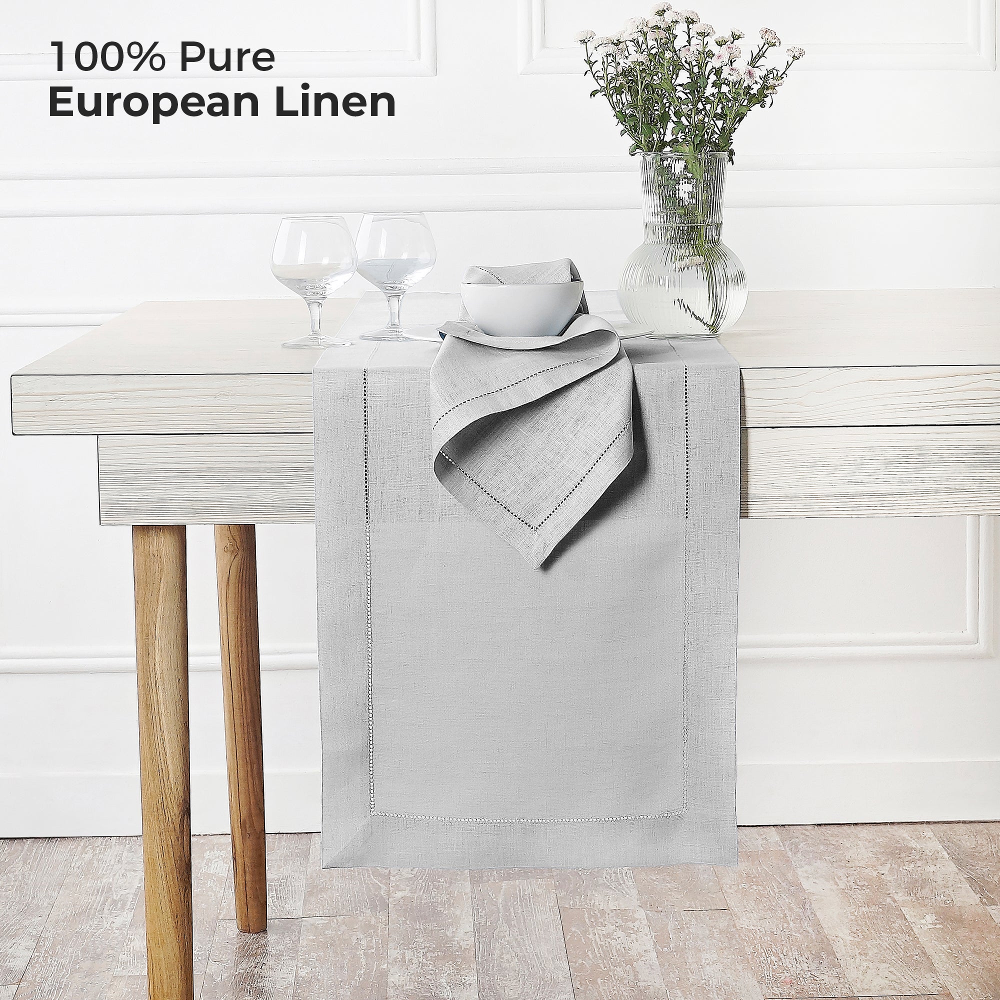 Silver Grey Linen Table Runner, Hemstitch