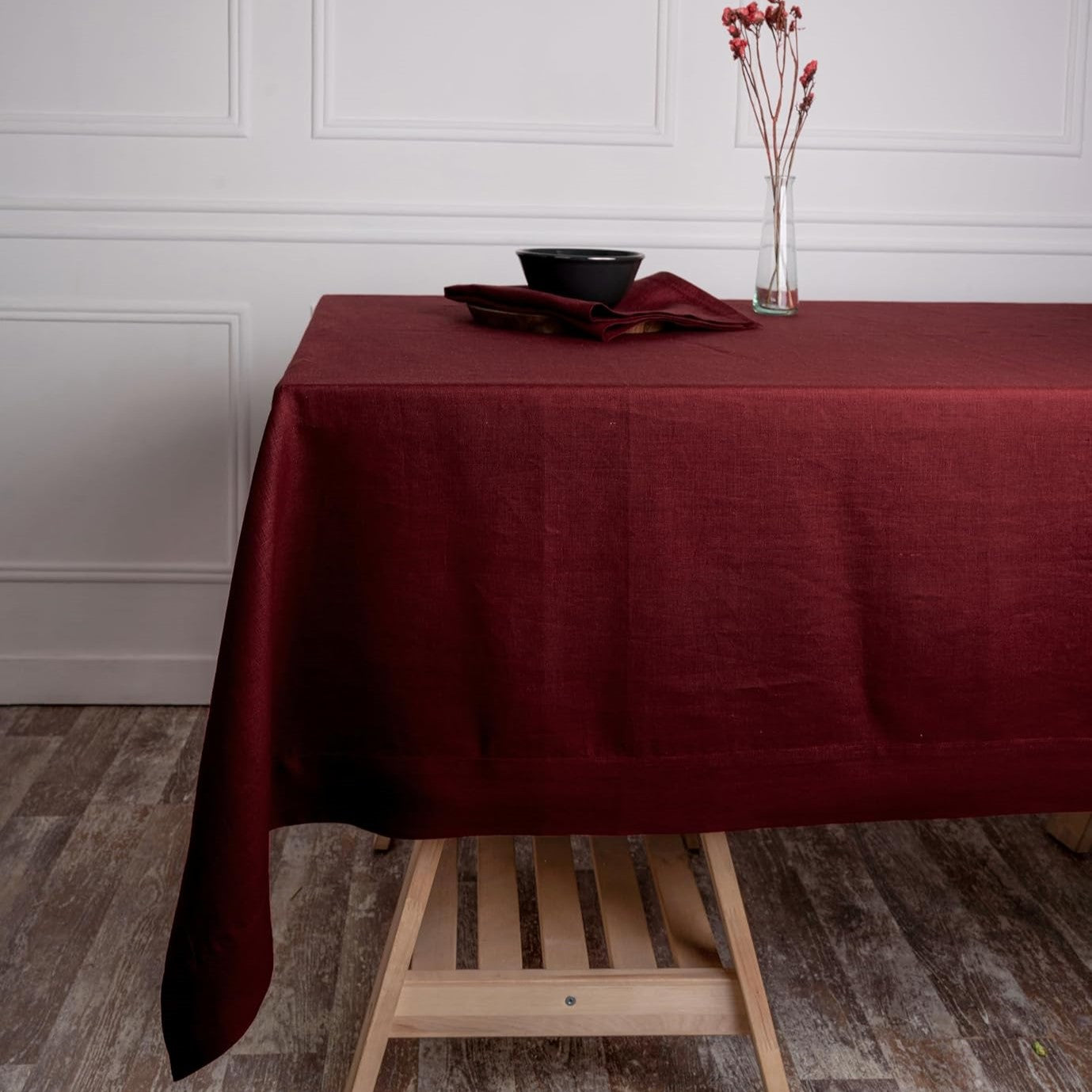 Dark Red Linen Tablecloth, Hemmed