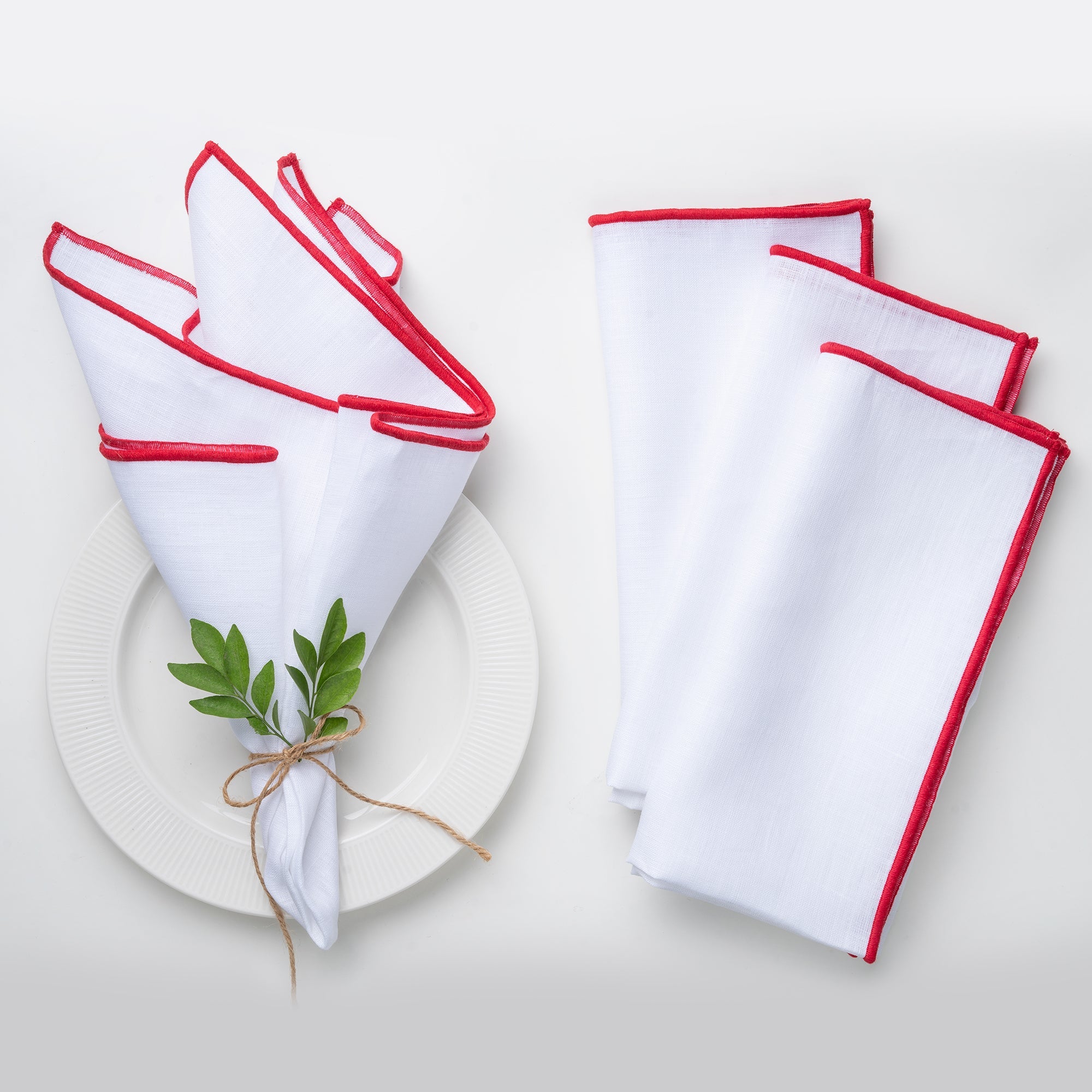 White and Red Linen Napkins, Marrow Edge, 20 x 20 inch, 4 pcs