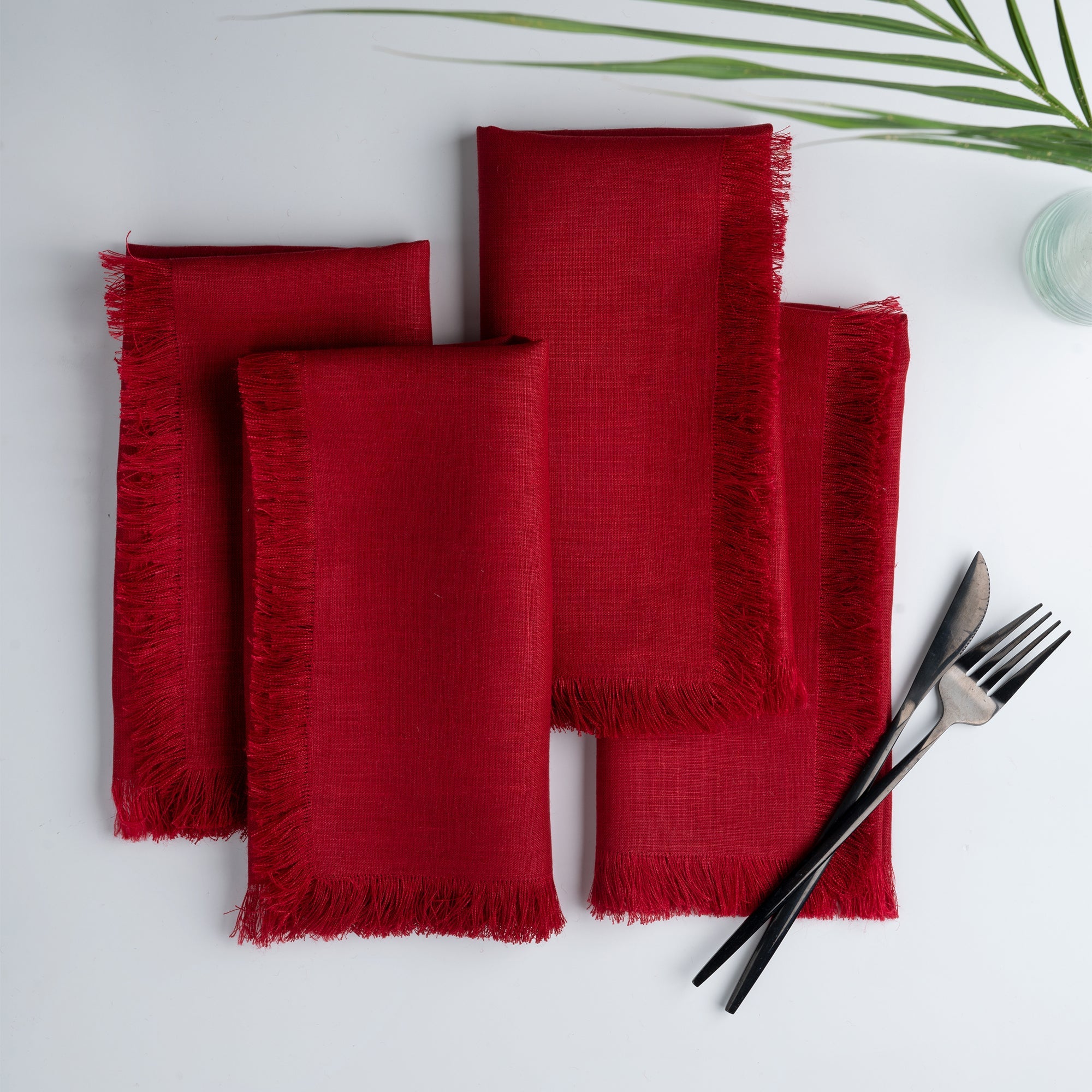 Red Linen Napkins, Fringe, 20 x 20 inch, 4 pcs