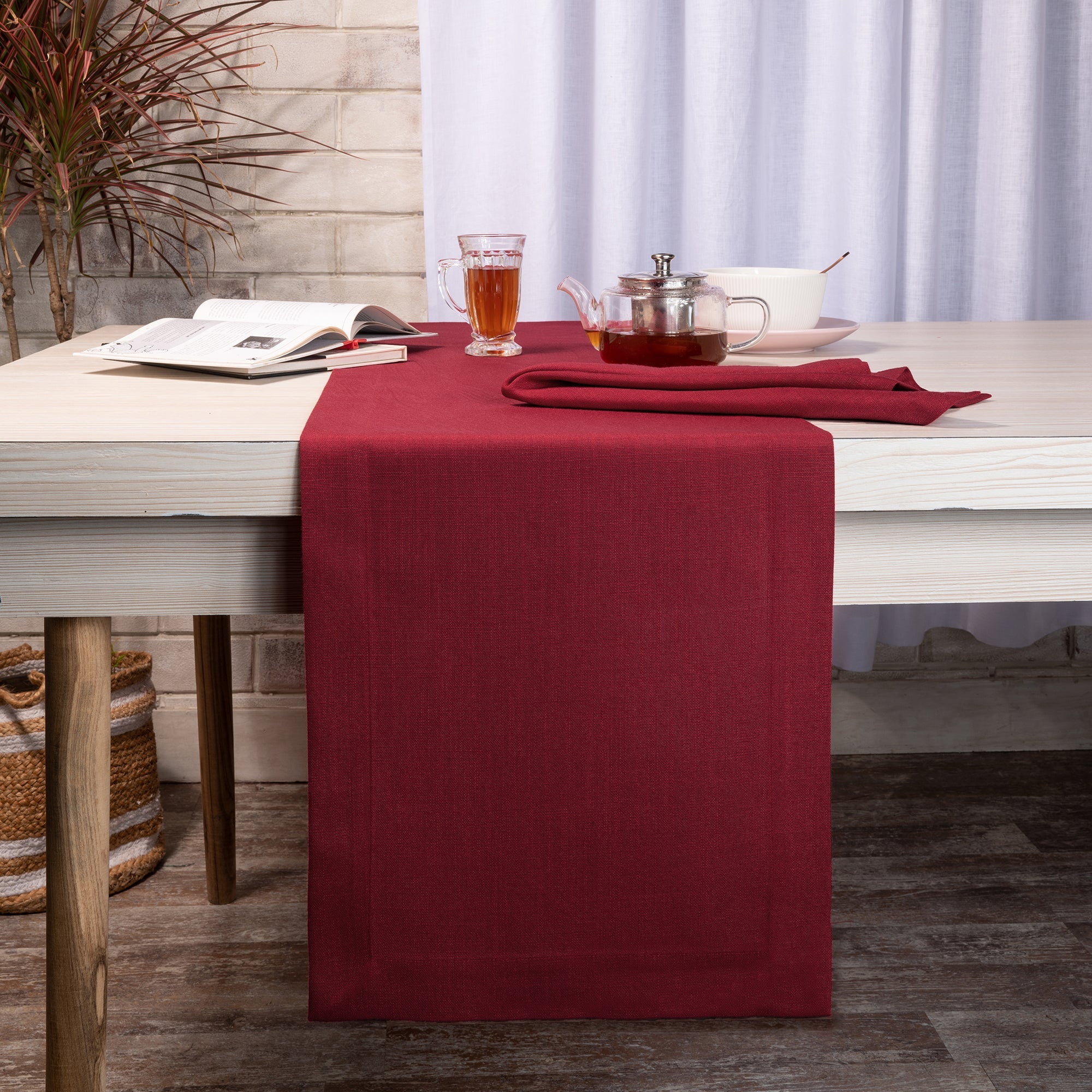 Red Table Runner, Faux Linen, Mitered Corner