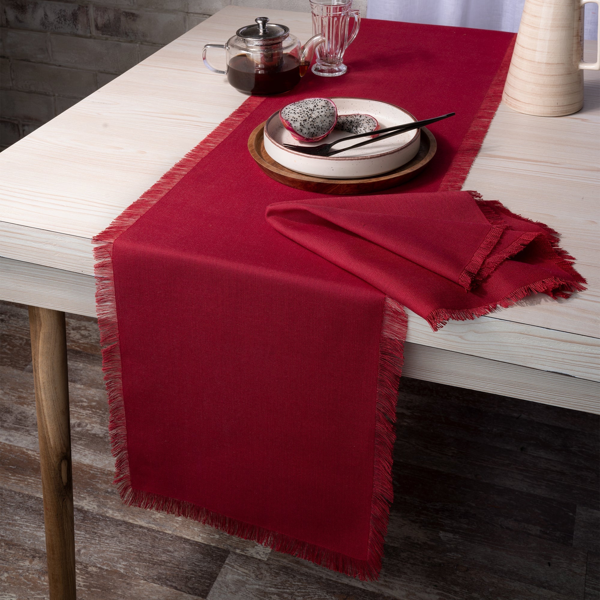 Red Table Runner, Faux Linen, Fringe