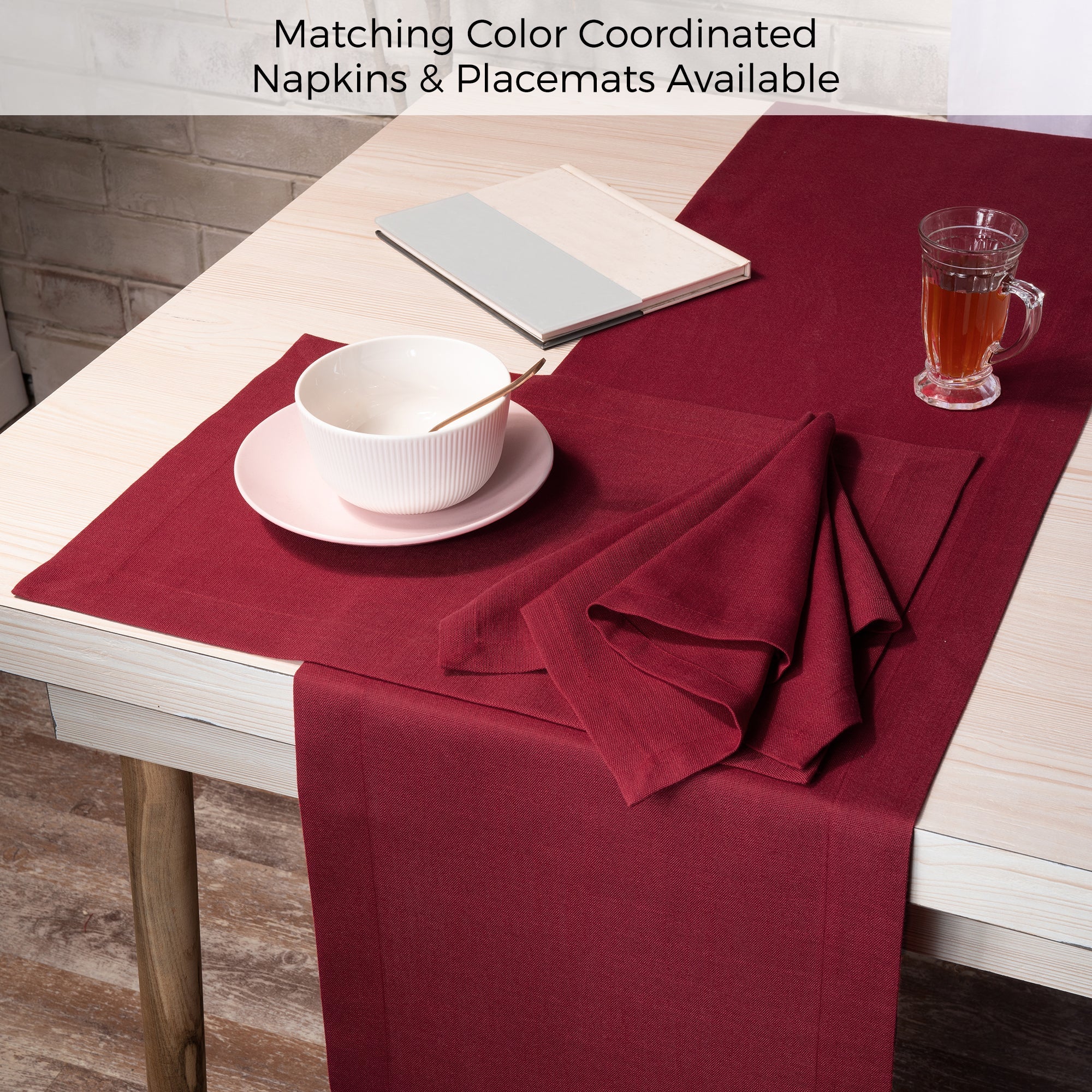 Red Table Runner, Faux Linen, Mitered Corner