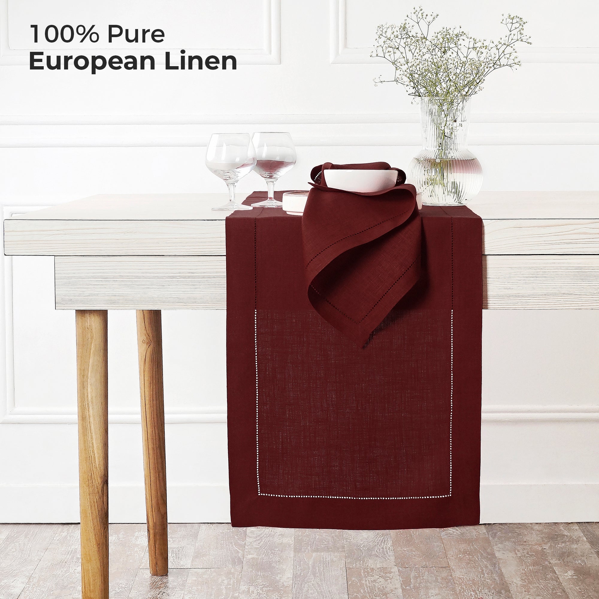 Dark Red Linen Table Runner, Hemstitch