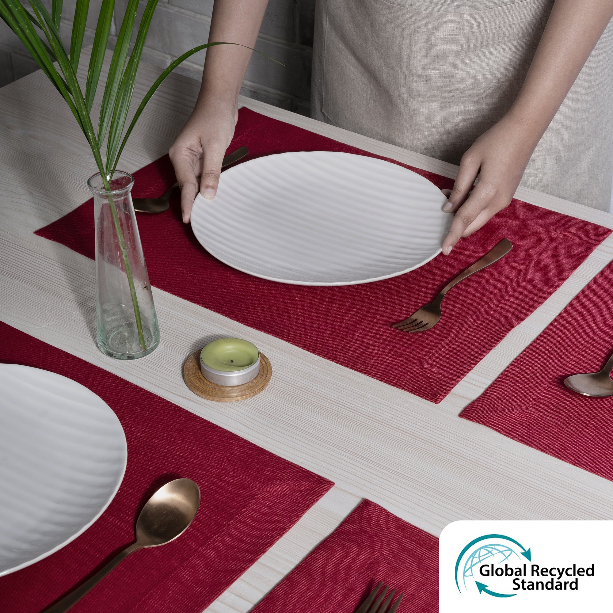 Red Faux Linen Placemats, Mitered Corner, 14 x 19 inch, 4 pcs