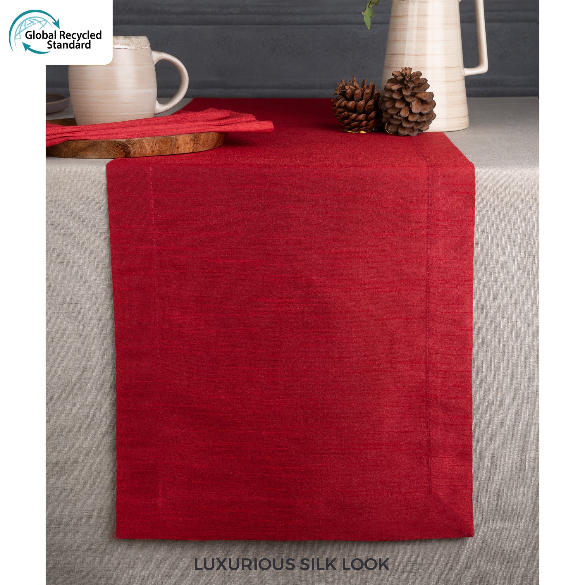 Red Table Runner, Vegan Silk, Mitered Corner