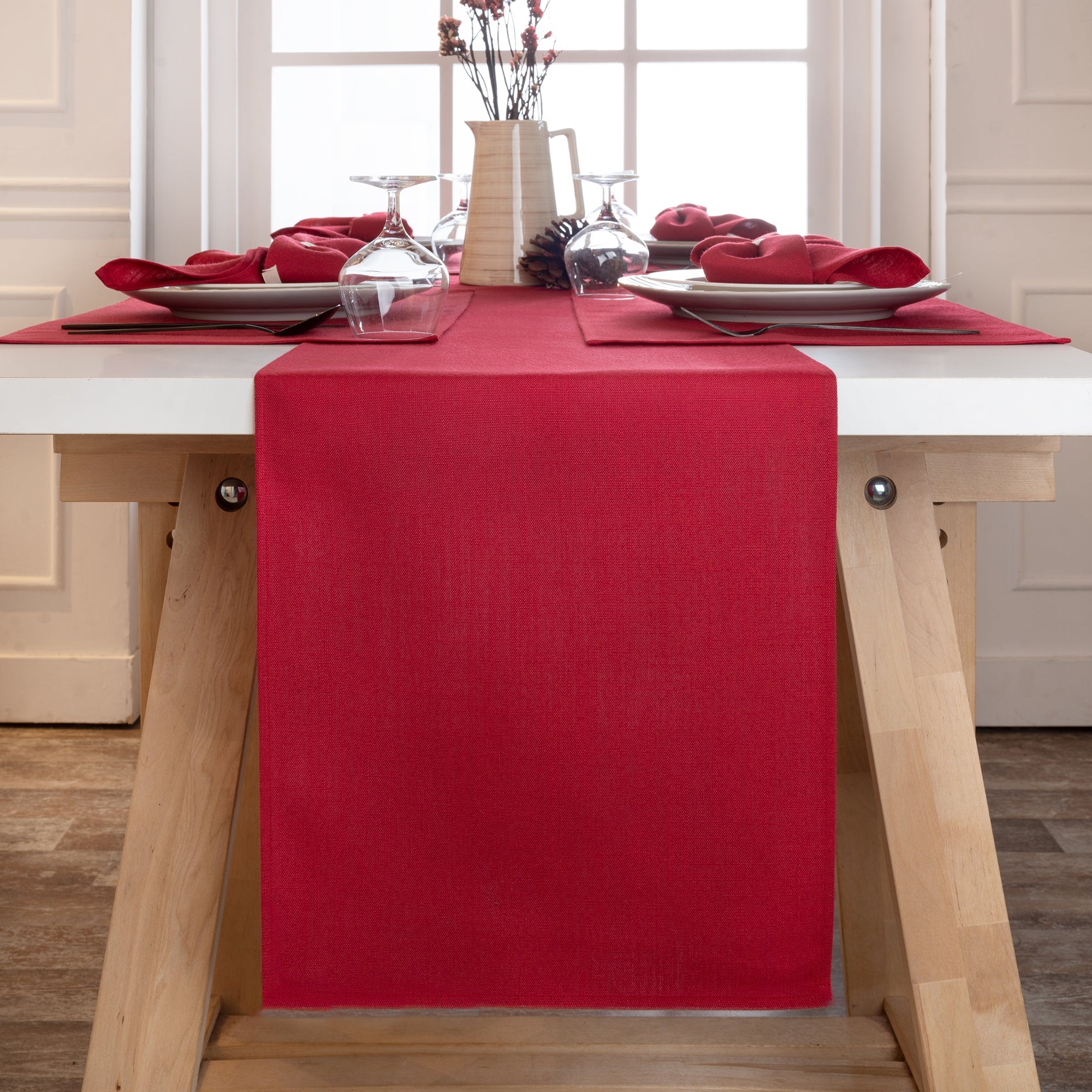 Red Table Runner, Faux Linen, Plain