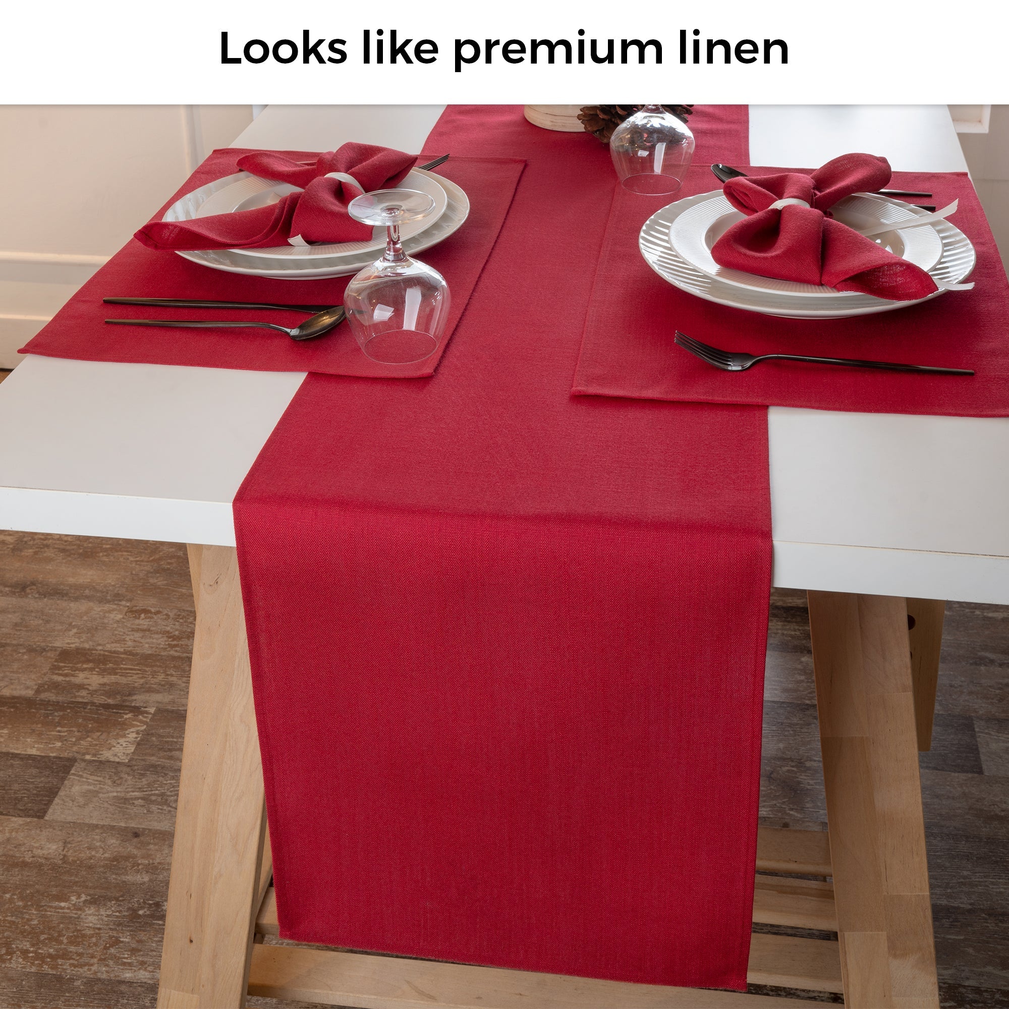 Red Table Runner, Faux Linen, Plain