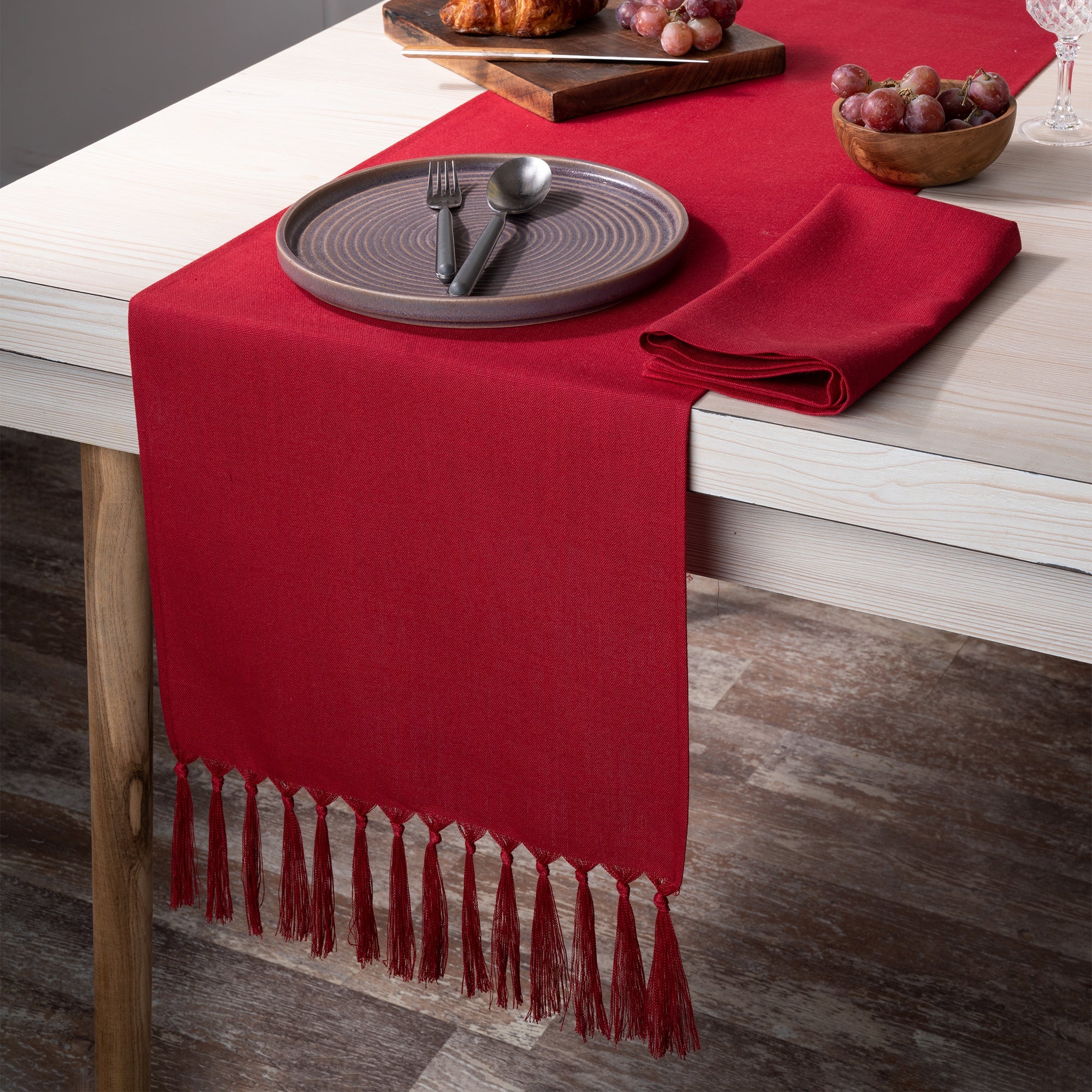 Red Faux Linen Table Runner - Tassel