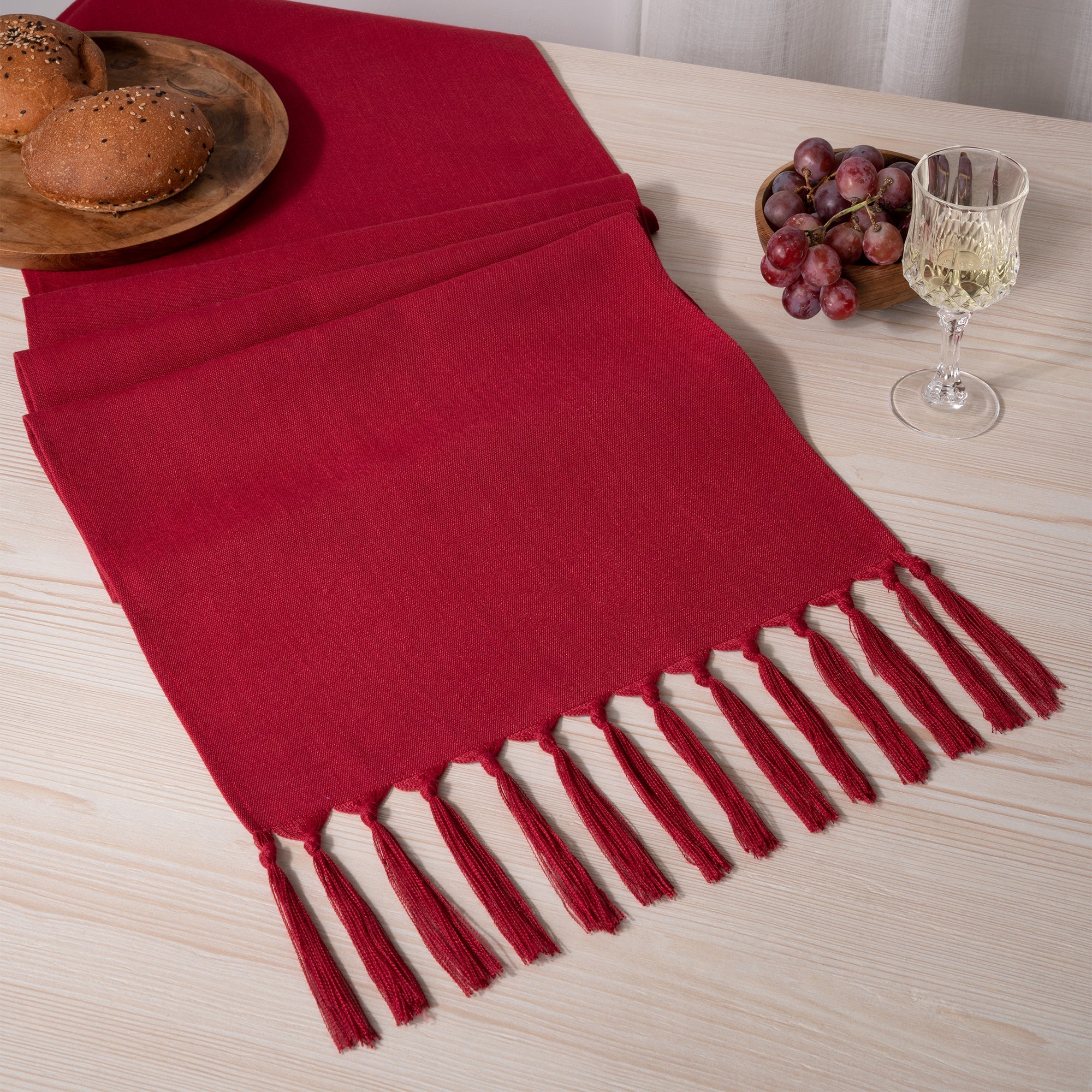 Red Faux Linen Table Runner - Tassel