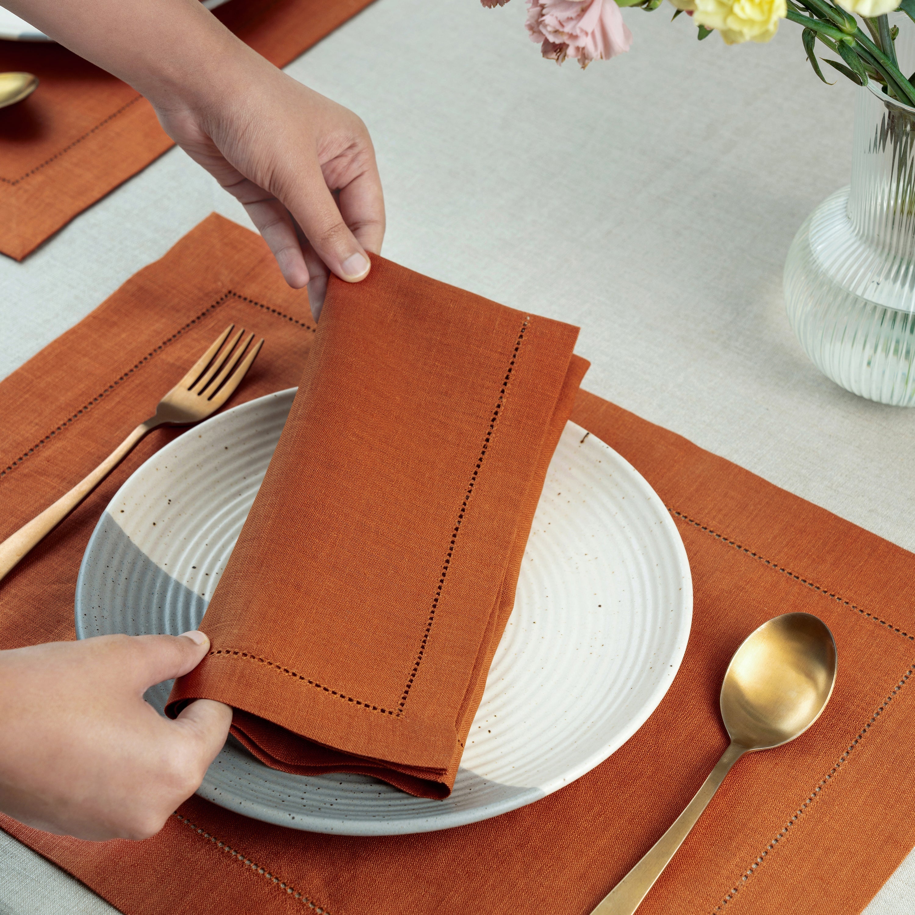 Rust Linen Napkins, Hemstitch, 20 x 20 inch, 4 pcs