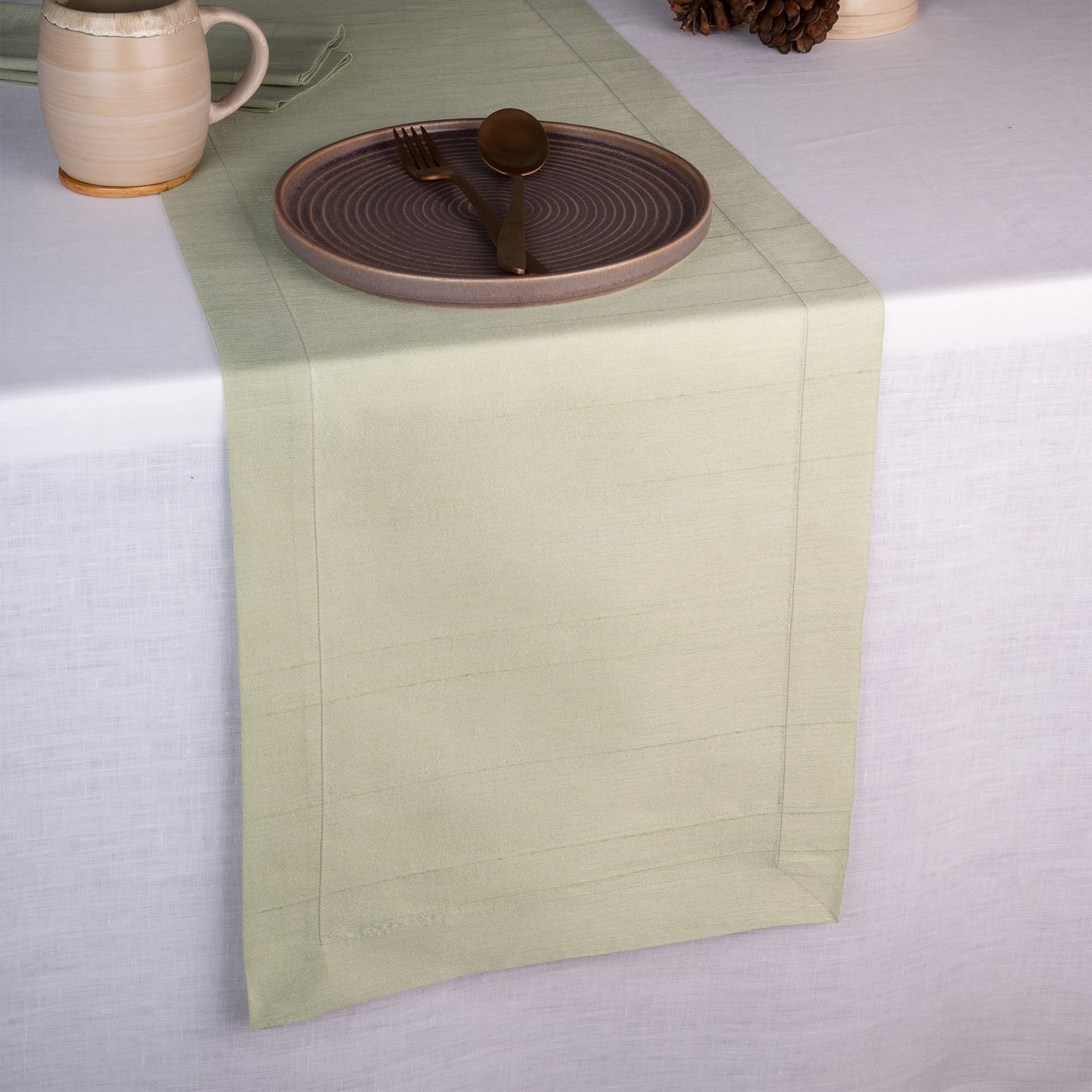 Sage Green Vegan Silk Table Runner - Mitered Corner