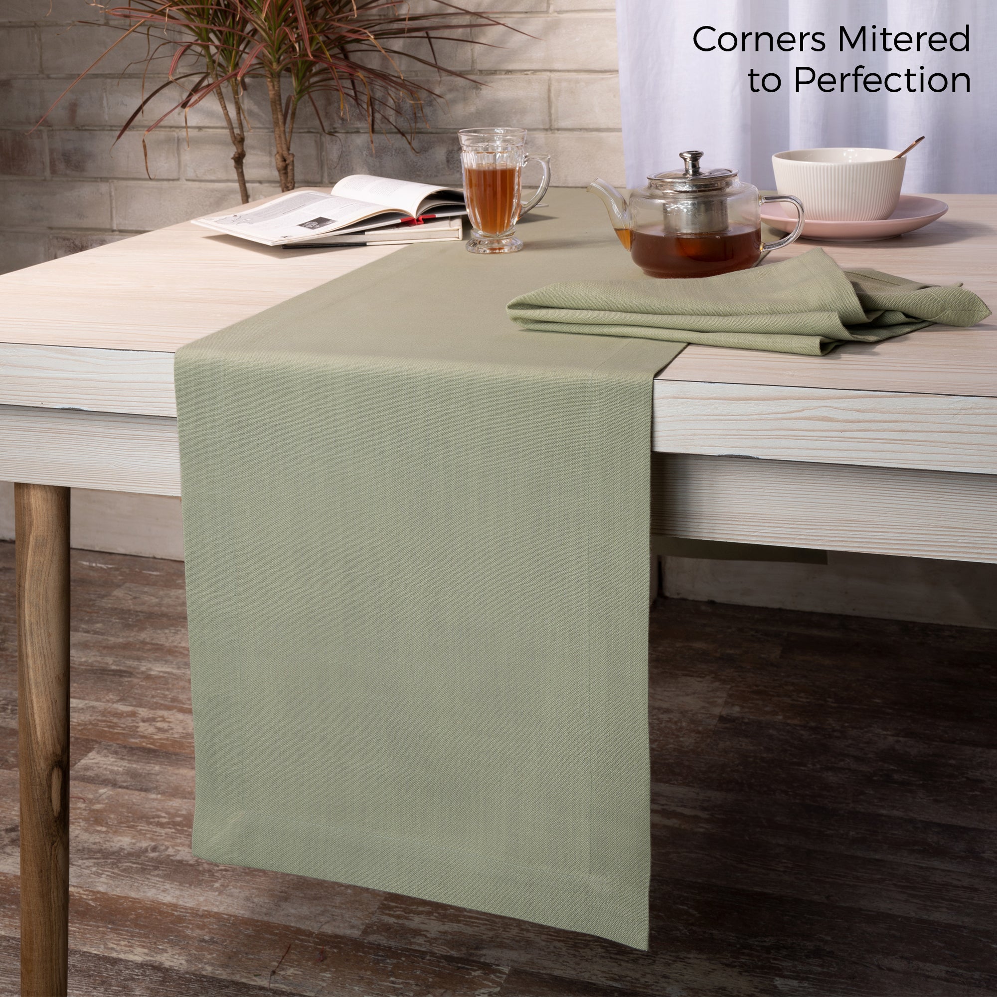 Sage Green Table Runner, Faux Linen, Mitered Corner