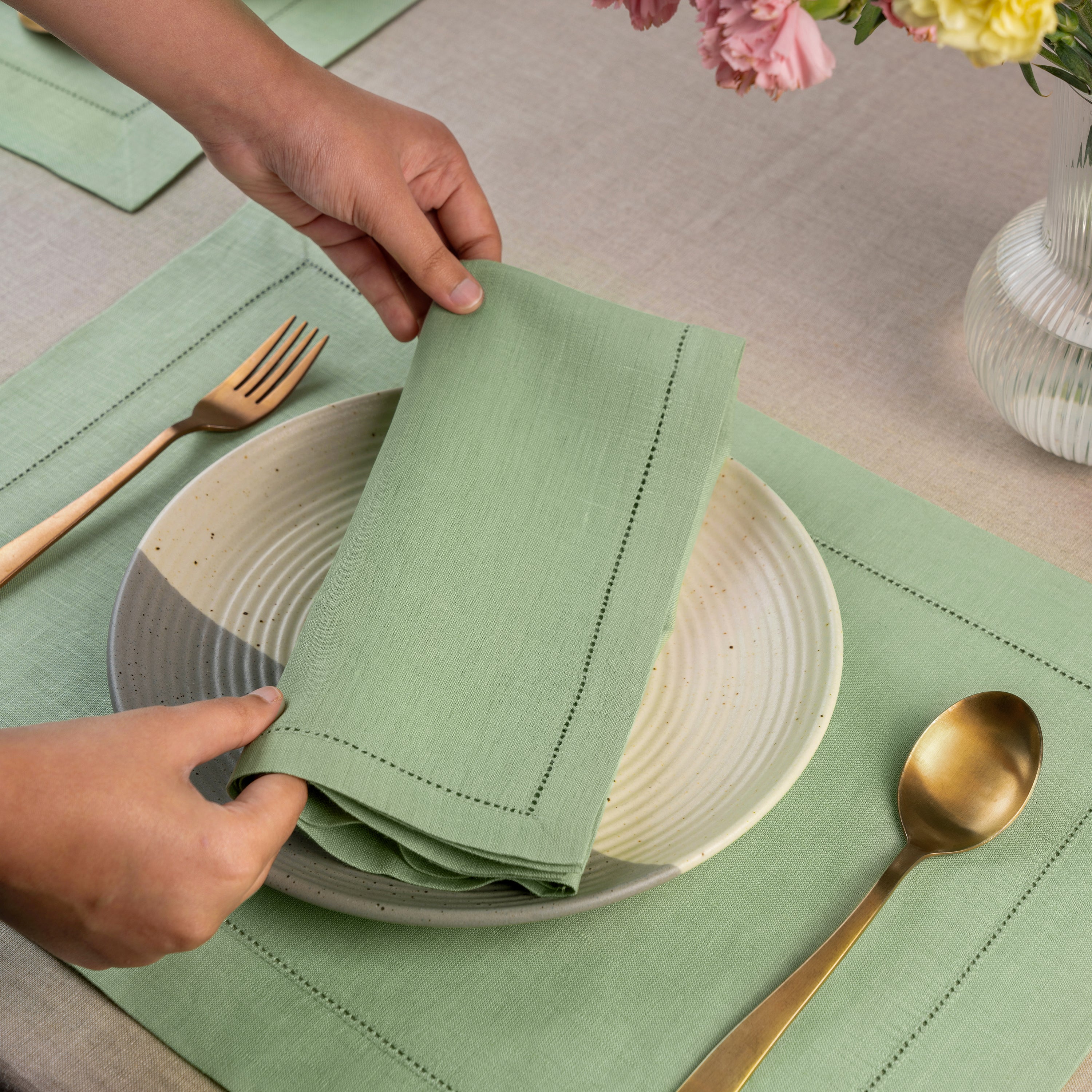 Sage Green Linen Napkins, Hemstitch, 20 x 20 inch, 4 pcs