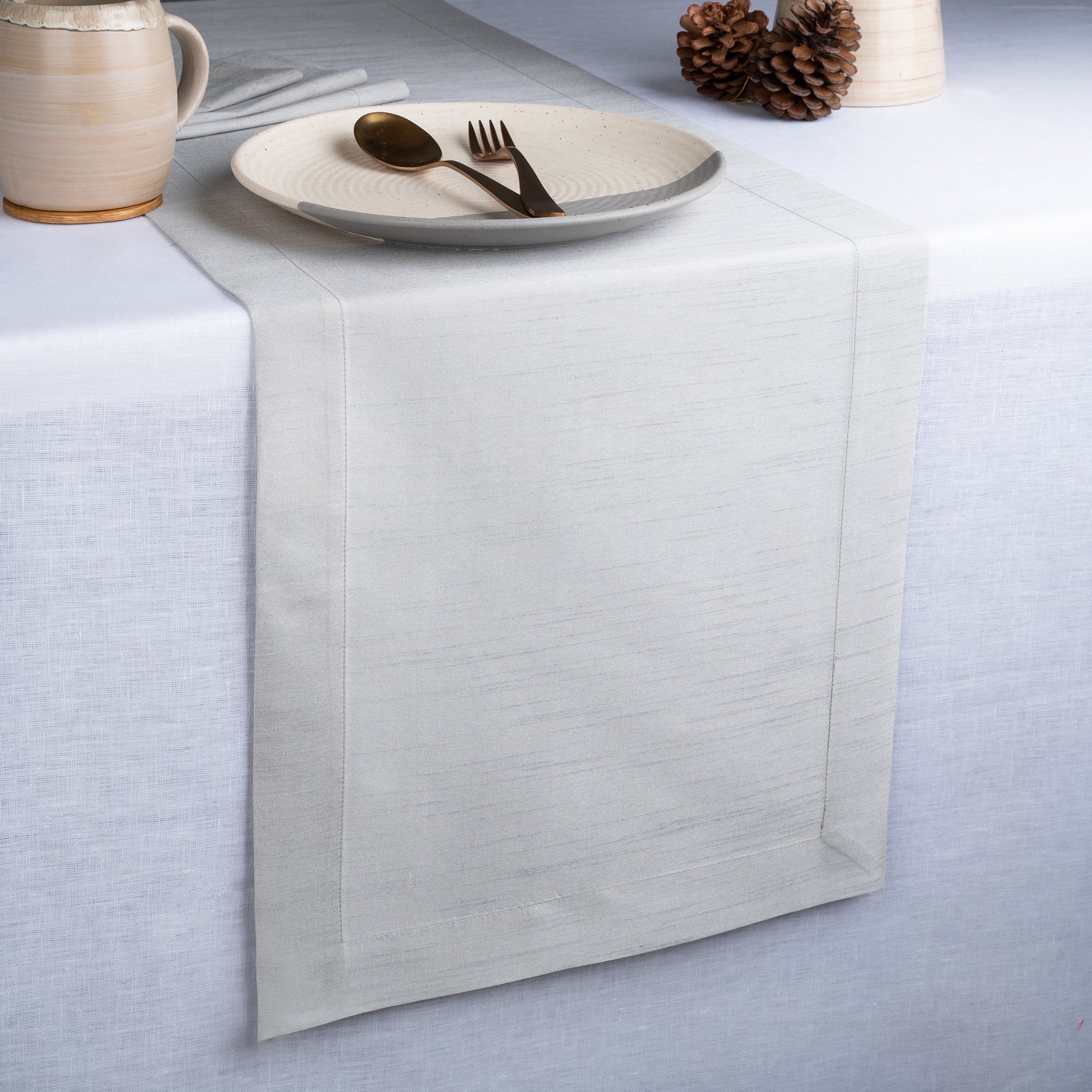 Silver Grey Table Runner, Vegan Silk, Mitered Corner