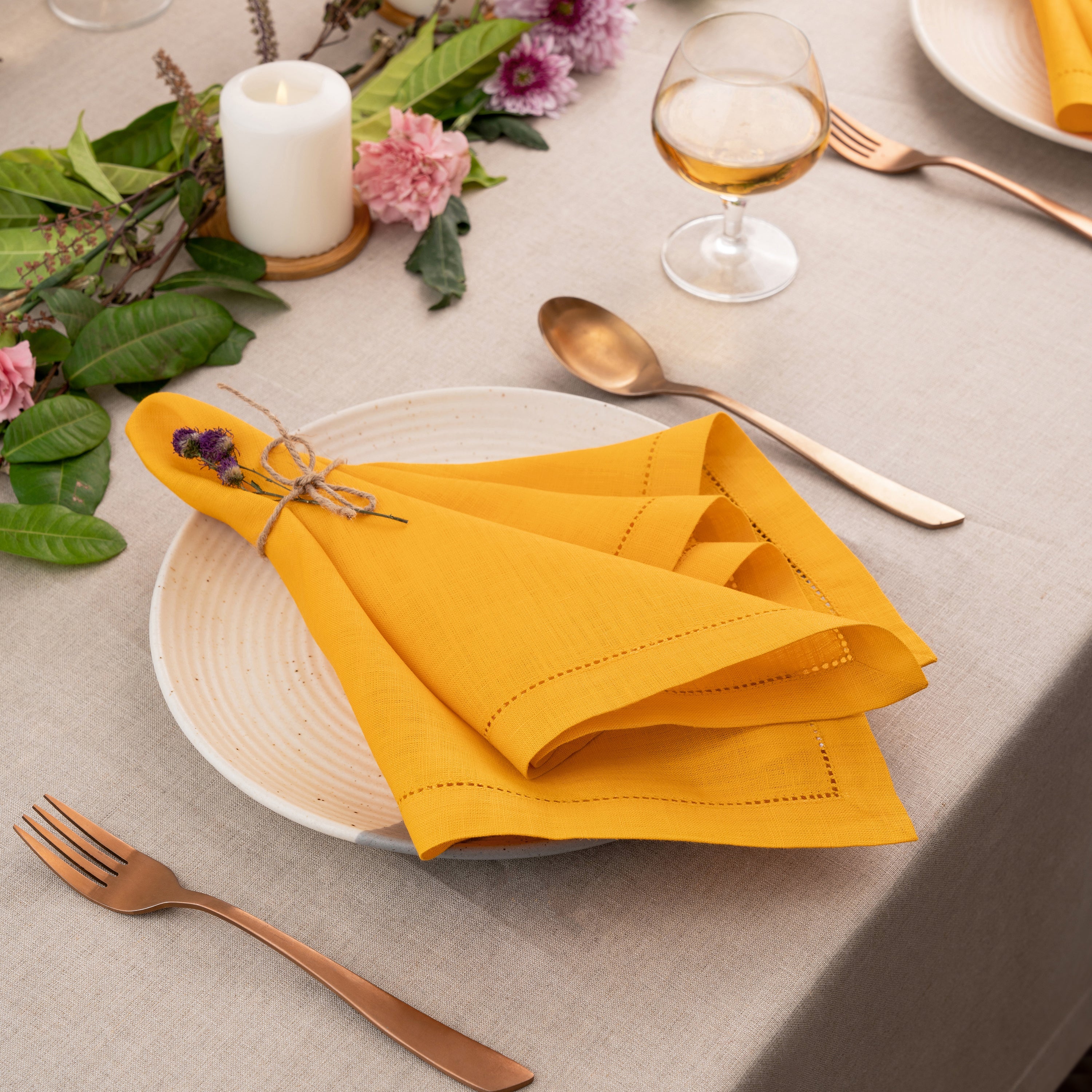 Sunflower Yellow Linen Napkins, Hemstitch, 20 x 20 inch, 4 pcs